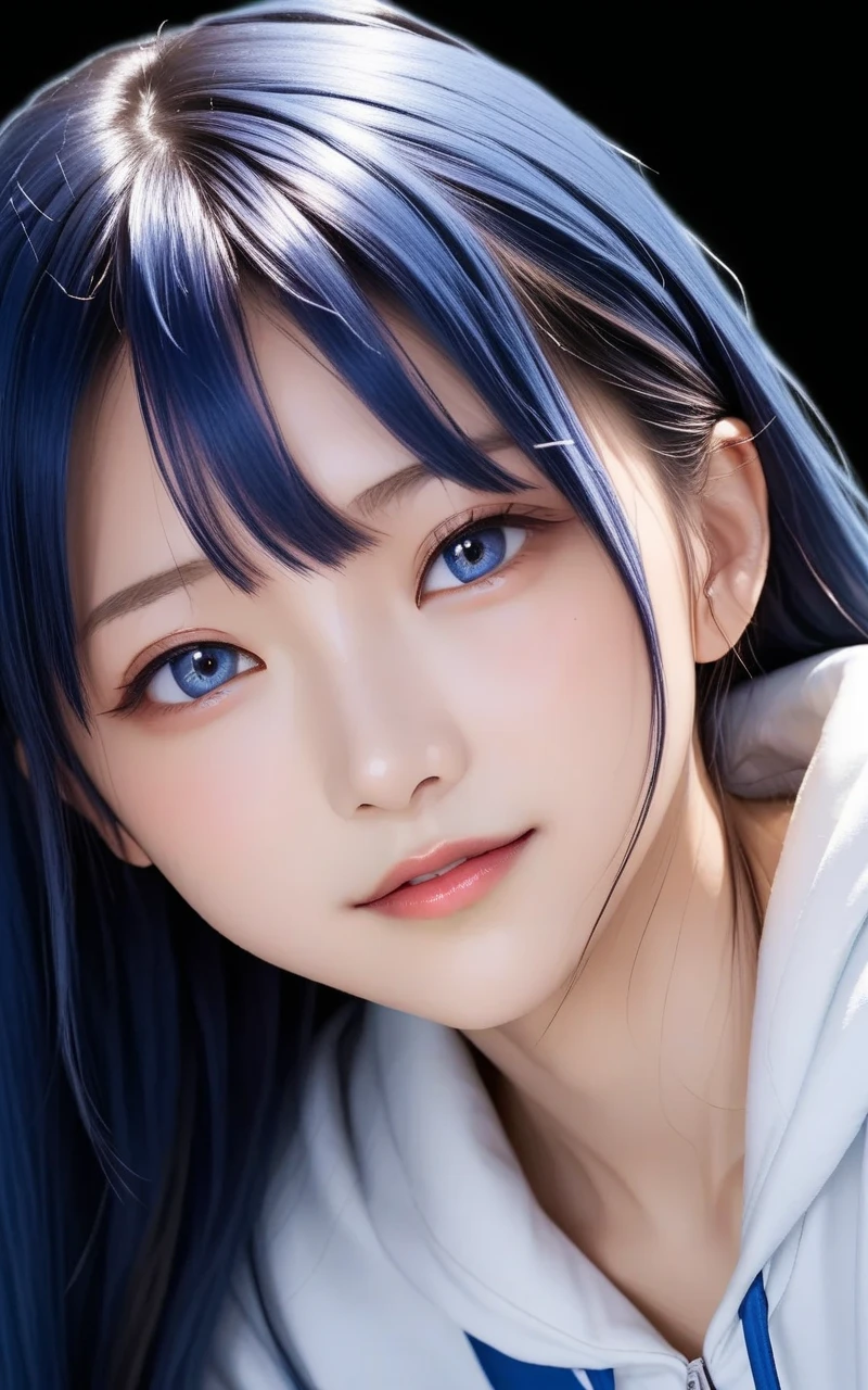 a girl with long blue hair and a gray shirt, hinata hyuga, hinata hyuga from naruto, she has black hair with blunt bangs, realistic, with long dark hair, from naruto, blunt bangs, (realistic hair:1.3), (long hair:1.3), (light smile:1.3), detailed character, realistic character, blushing,  (beautiful face:1.3), (detailed eyes:1.3), pretty, medium breast, eyelashes