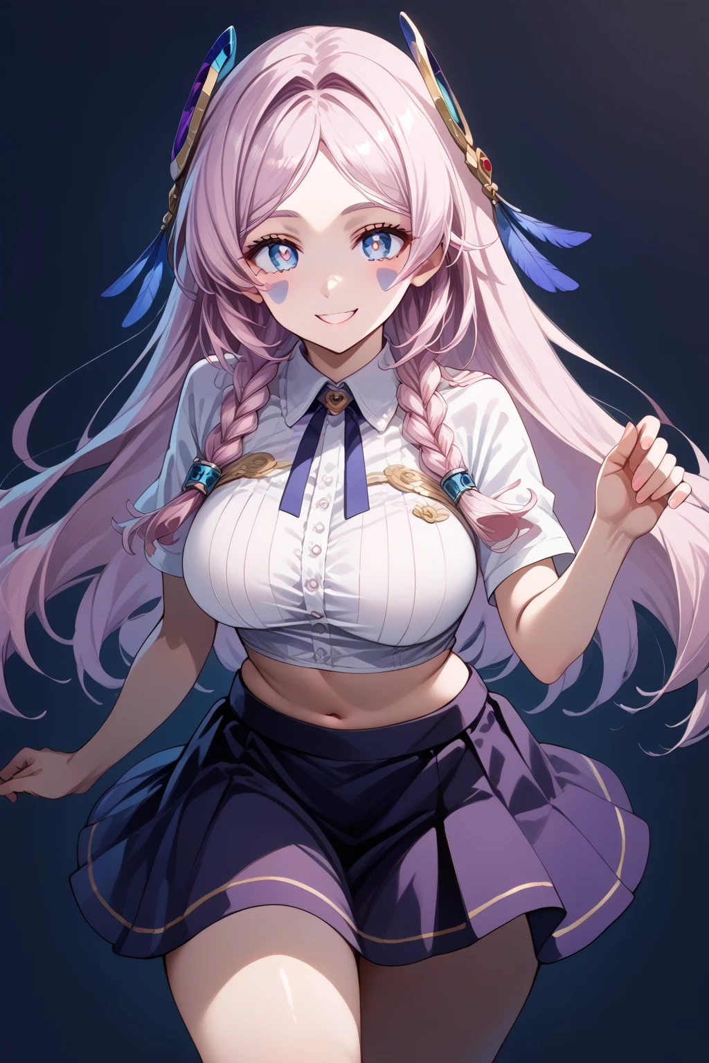 (hiquality)、(16 K)、(masuter piece)、(((very large udder))),(thick thight),blush、Purple hair、((Sweat))、((Open_Mouth))、(((pleatedskirt)))、(((White blouses)))、Arms behind your head、Armpits、:o、((Light blue panty))、School bag