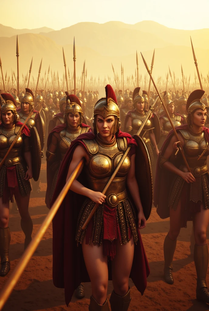 **Prompt:** Create an intricately detailed landscape scene of a Greek female hoplite Spartan unit set in ancient Greece, showcasing hyper-realism and a symmetrical composition. Capture the scene from an ultra-wide angle, immersing the viewer in the vibrant yet harsh atmosphere of a sunlit battlefield. Illustrate the unit of female hoplites, each clad in meticulously designed historical Greek hoplite armor, as they march into battle in a tight phalanx formation. Each warrior should wield intricately adorned spears and rounded shields, reflecting their fierce determination. Utilize dynamic leading lines throughout the composition to guide the viewer's eye, enhanced by a rich UHD ambiance and a carefully balanced lighting concept that brings their expressions to life. Focus on accurately portraying the anatomy of the warriors, particularly emphasizing their hands gripping weapons, demonstrating strength and resolve as they charge forward into combat. Zoom out to reveal the entire battle unit in all its glory, ensuring a profound depth of field that amplifies the visual impact. Employ state-of-the-art 3D CGI textures to create a breathtaking piece of art, capturing the spirit of unity and valor within this legendary warrior tribe.