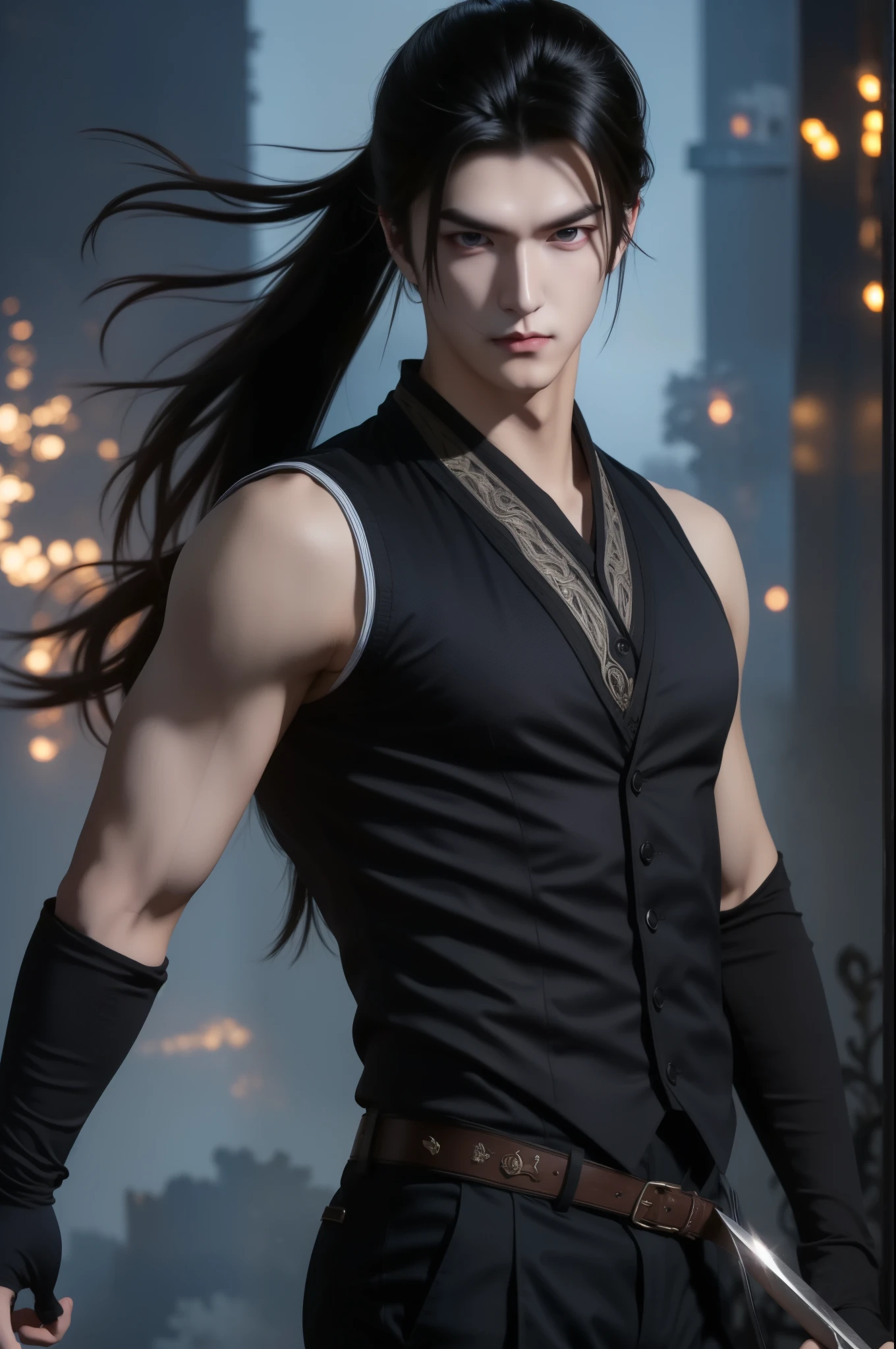 Sung Jin Woo 1 male 20 years old, handsome body, cool face, black hair, purple eyes, trained, black vest, dark city view, solo, many cool poses holding a sharp small sword rushing towards the viewer, slashing horizontally to create a light streak.
