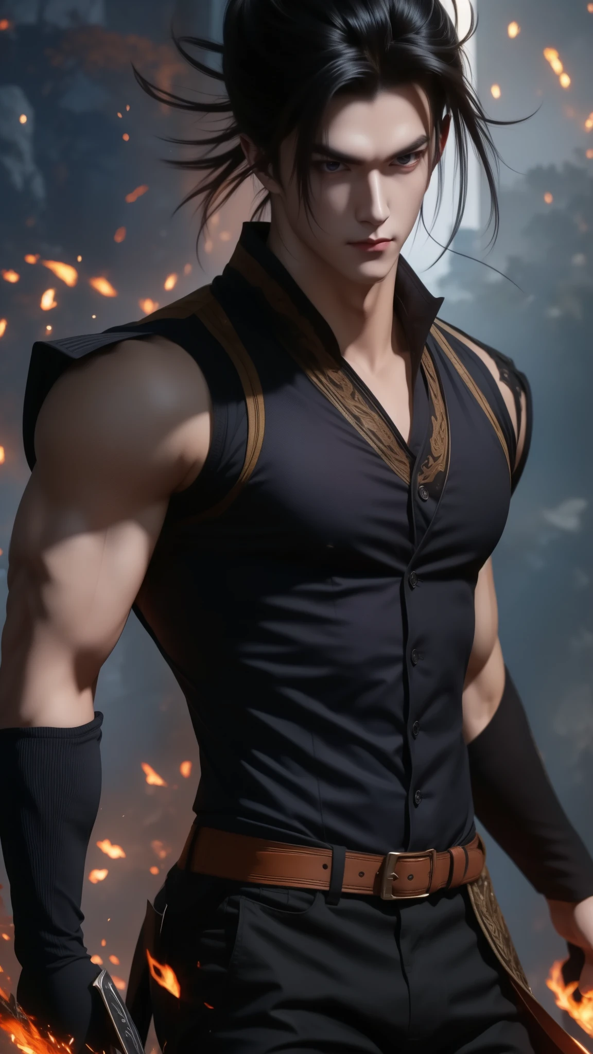 Sung Jin Woo 1 male 20 years old, handsome body, cool face, black hair, purple eyes, trained, black vest, dark city view, solo, many cool poses holding a sharp small sword rushing towards the viewer, slashing horizontally to create a light streak.