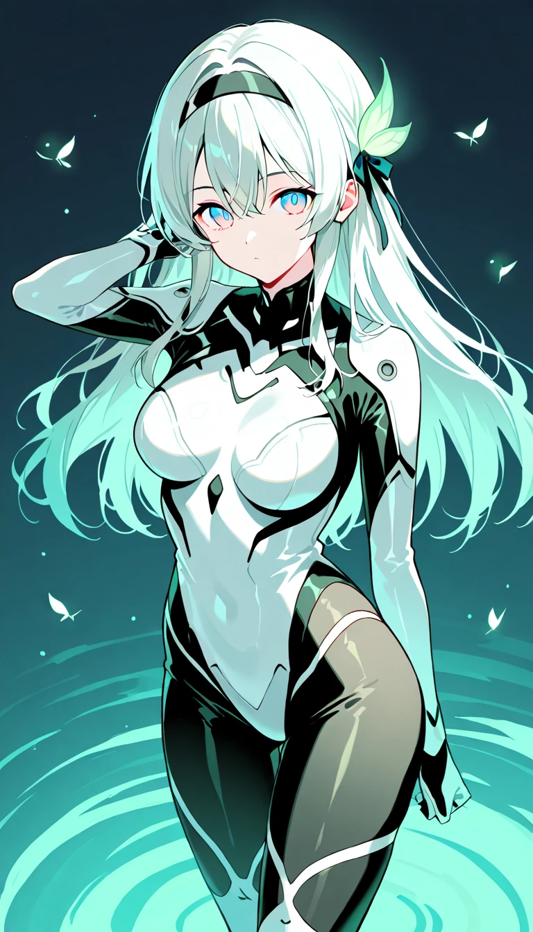 sexy alien girl, flat chest, hourglass body, bright clothes, curious expression, pale skin, big cute eyes, from below, little pointy ears, head antennas