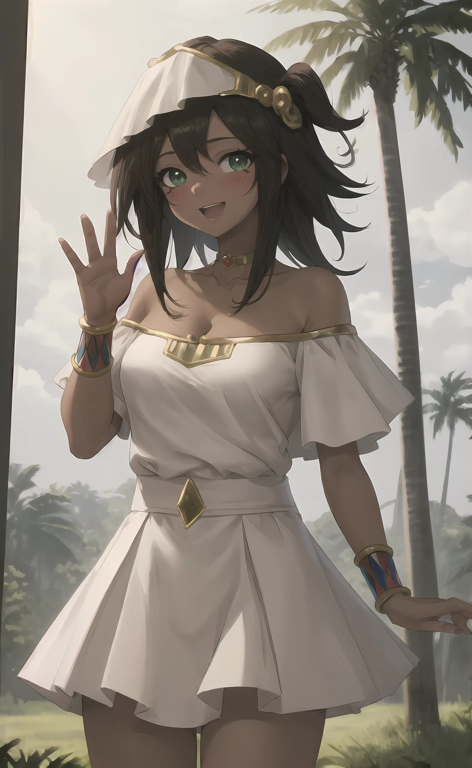 masterpiece, best quality, highres, 
1girl, solo, looking at viewer, sitting, long hair, spiked hair, breasts, sandals, skirt, brown hair, green eyes, dress, cleavage, bare shoulders, jewelry, medium breasts, choker, dark skin, necklace, off shoulder, dark-skinned female, neck ring, egyptian, egyptian clothes, <lora:LoRA_Mana:1>, forest, sunlight, cloudy, waving, laughing, blush,