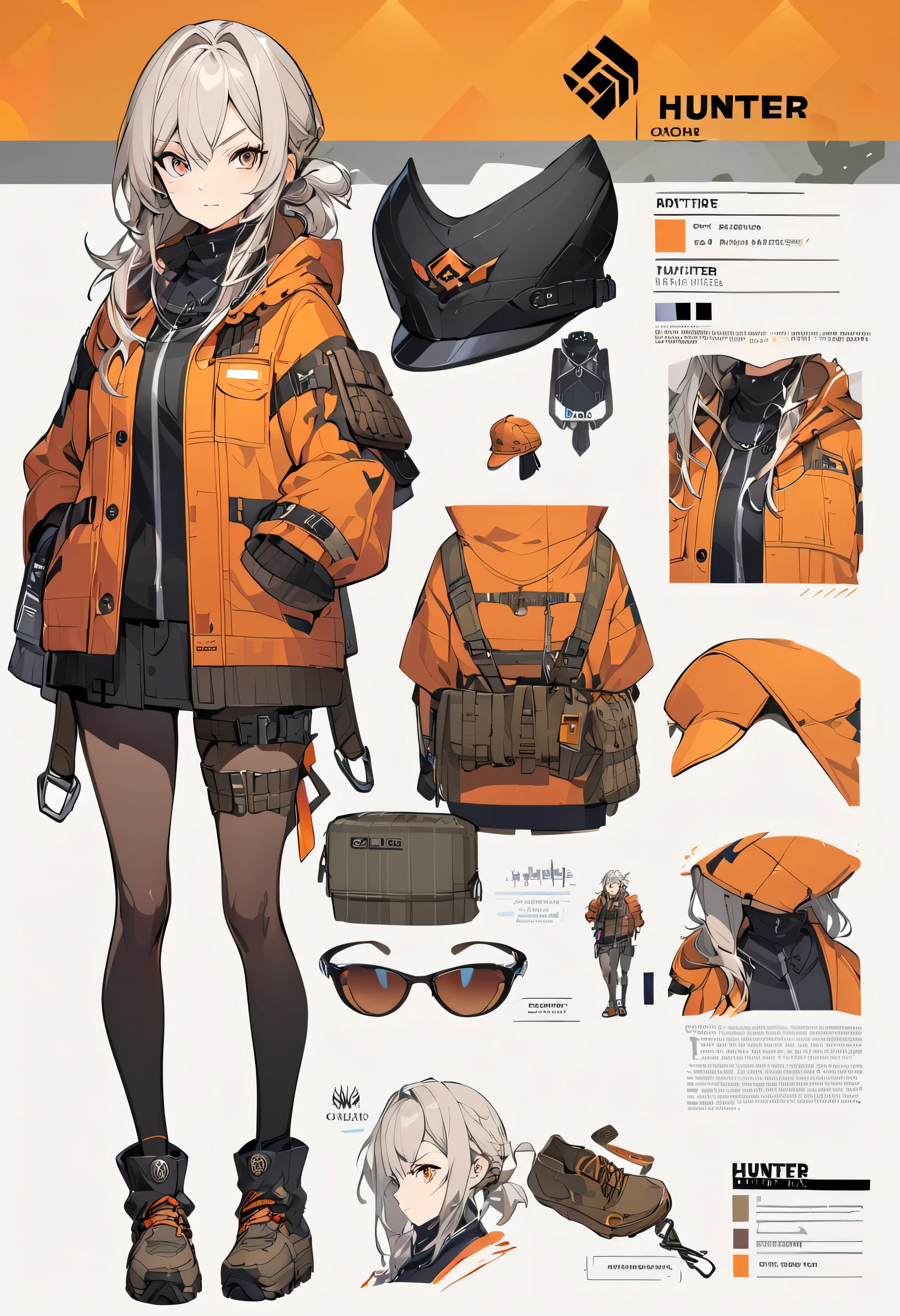 Virtual Character Design,concept character sheet, face, modern design, 1 woman,hunter,