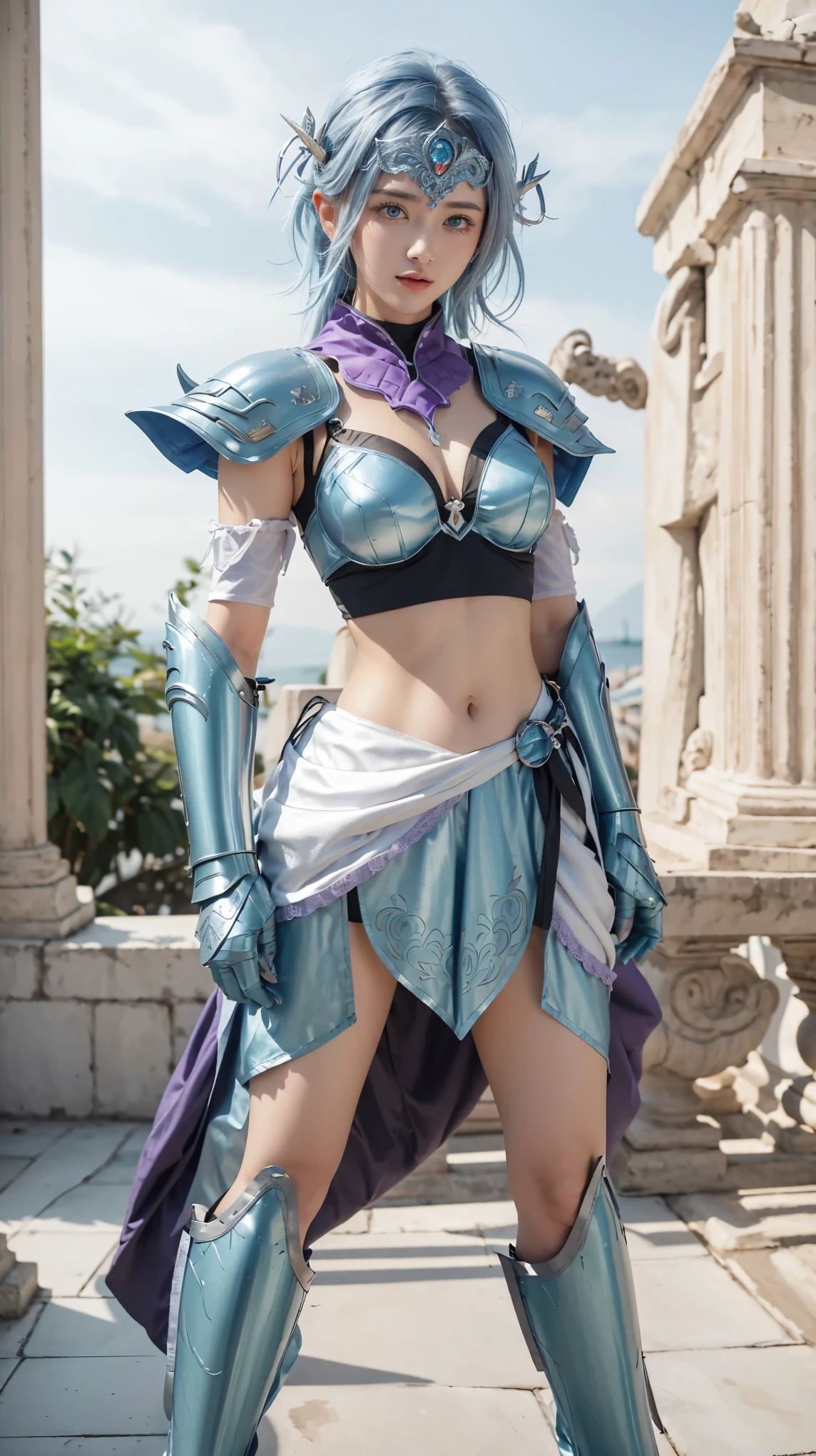 a woman in a costume with a harp, zodiac knight girl, portrait of a zodiac knight girl, silver & purple armor, highly detailed engravings and armor lines, blue hair, blue eyes, super large breasts, covered in full metal armor, anime cosplay; full body art, Greek god in mecha style, covered in full silver armor, realistic machine render Saint Seiya, neocubism armor in white and purple metal, armor made of steel, saint designed specifically for women. full headband covering the forehead, full portrait of the magical knight, body shape, legs, arms, and fingers drawn perfectly, HD image quality. realistic. The background looks blurry.