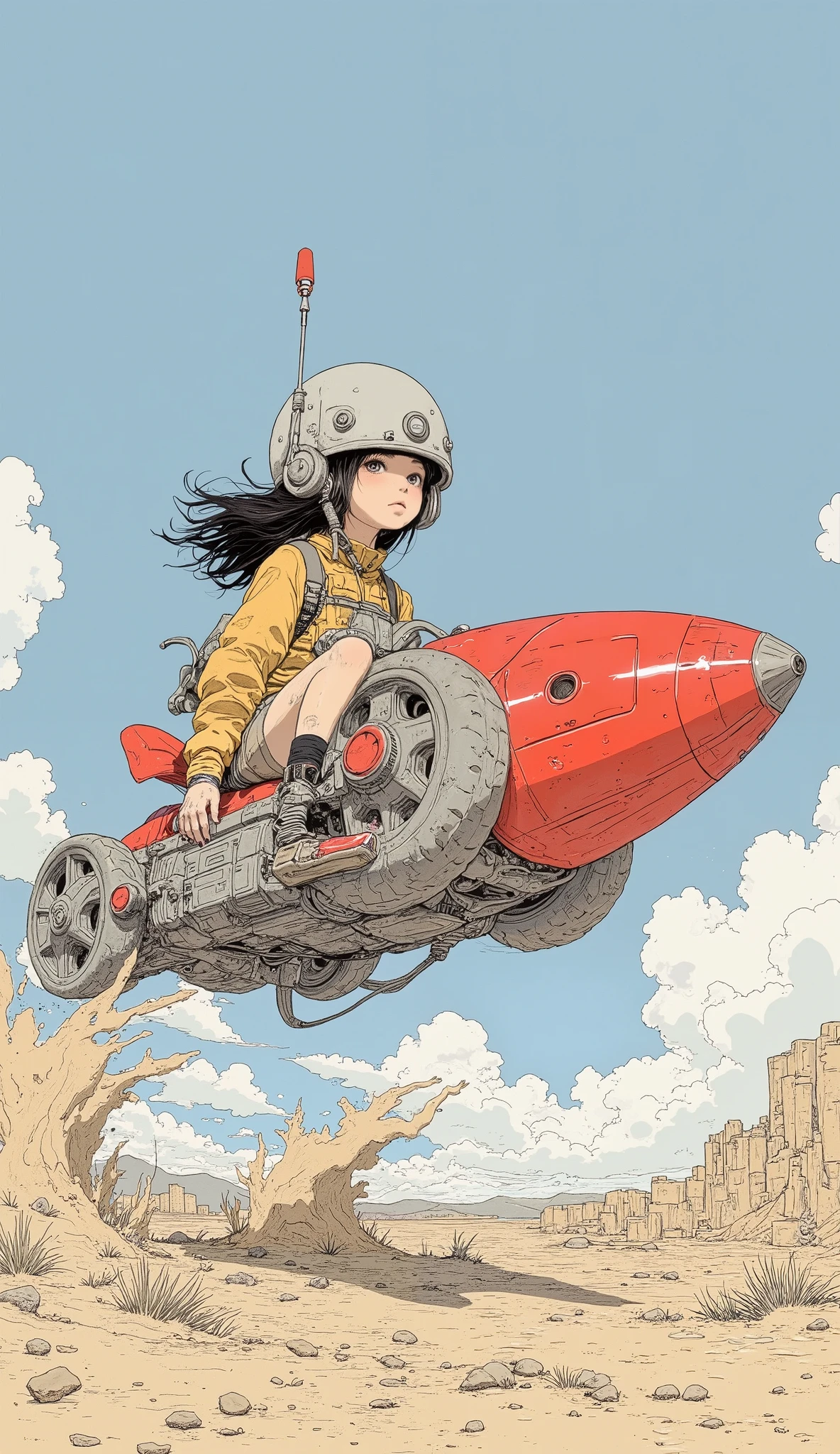 There is a picture of a girl riding a toy rocket, colored pencil sketch by Katsuhiro Otomo, pixiv contest winner, manga, dynamic guidance art, Akira's Japanese Art , dynamic guidance artwork