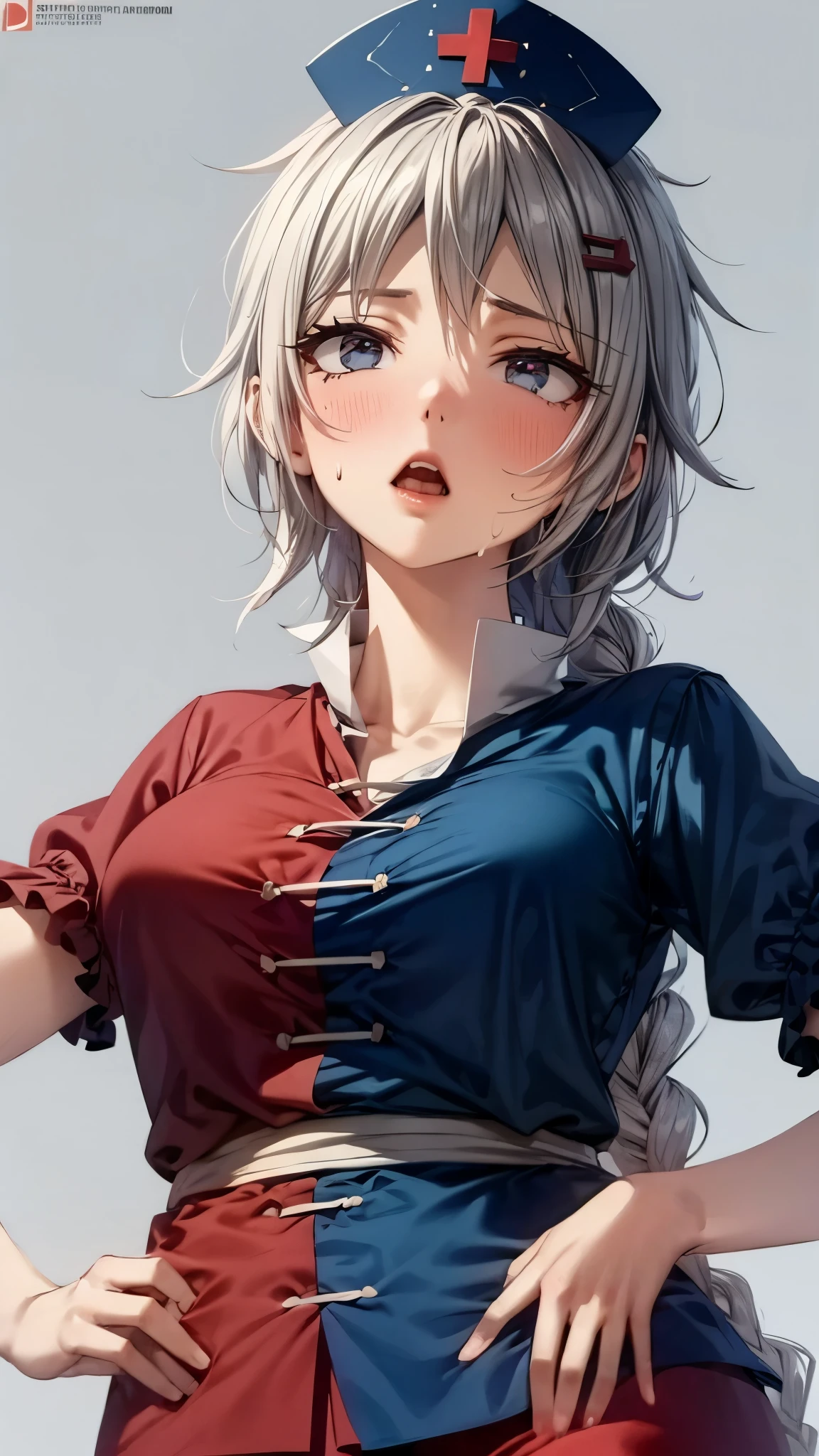 (Ultra High Quality,Ultra High Definition,16k,super masterpiece,Ultra HD , detailed shading and background,)taken from below,One woman is looking up,Long silver hair, braids, Chest Valley, nurse cap , sweaty,blush,Thick lips,Old medical room,