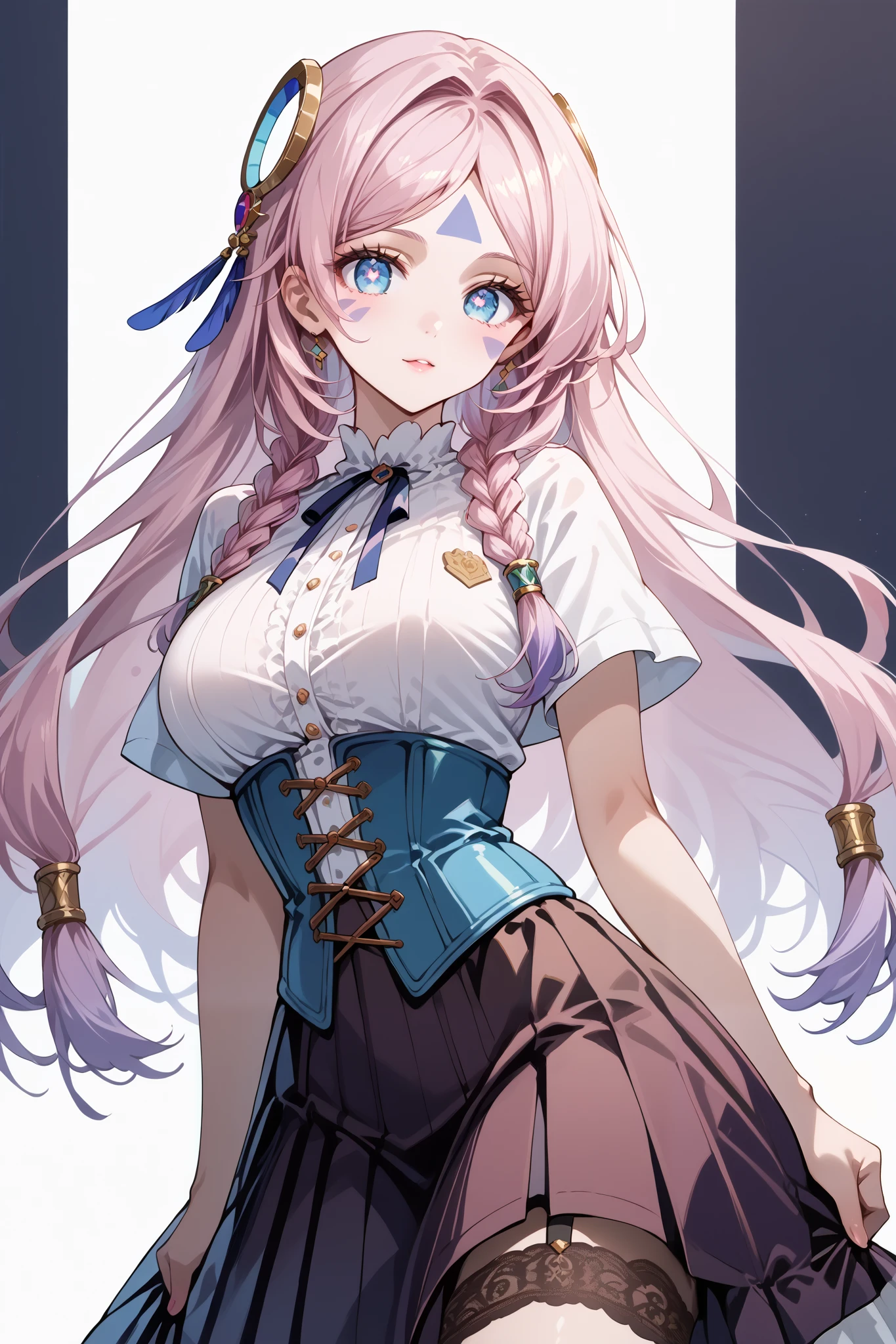 score_9, score_8_up, score_7_up, source_anime, 4K,perfect fingers,(perfect hands, perfect anatomy),prefect lighting, very aesthetic, intricate details,highly detailed background, masterpiece, high quality, best quality,
citlali, blue eyes, bright pupils, facial mark, long hair, multicolored hair, pink hair, purple hair, hair intakes, braid, twin braids, parted bangs, hair ornament,Large Breast
wearing ((light cream colored top:1.5)),((brown lace skirt:1.2)),((corset)),
((White plain background:1.5)) , She's posing with her body angled toward the viewer,