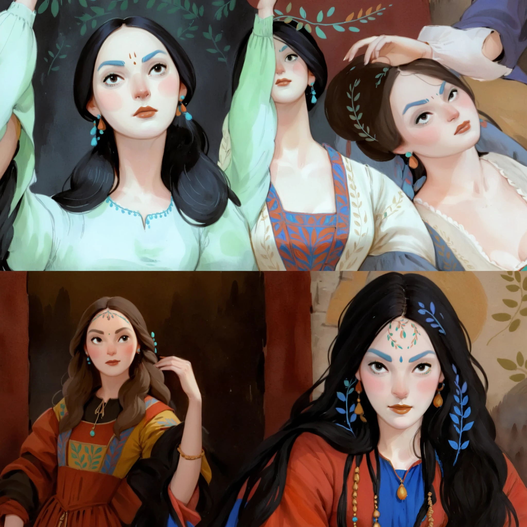 score_9, score_8_up, score_7_up, score_6_up, score_5_up, score_4_up, 1_woman, brow hair, long_hair, wearing a vibrant long peasant medieval dress, detailed clothing, sketches, detailed thick gouache painting, illustration, in gougoupaintleaves style:1.5,