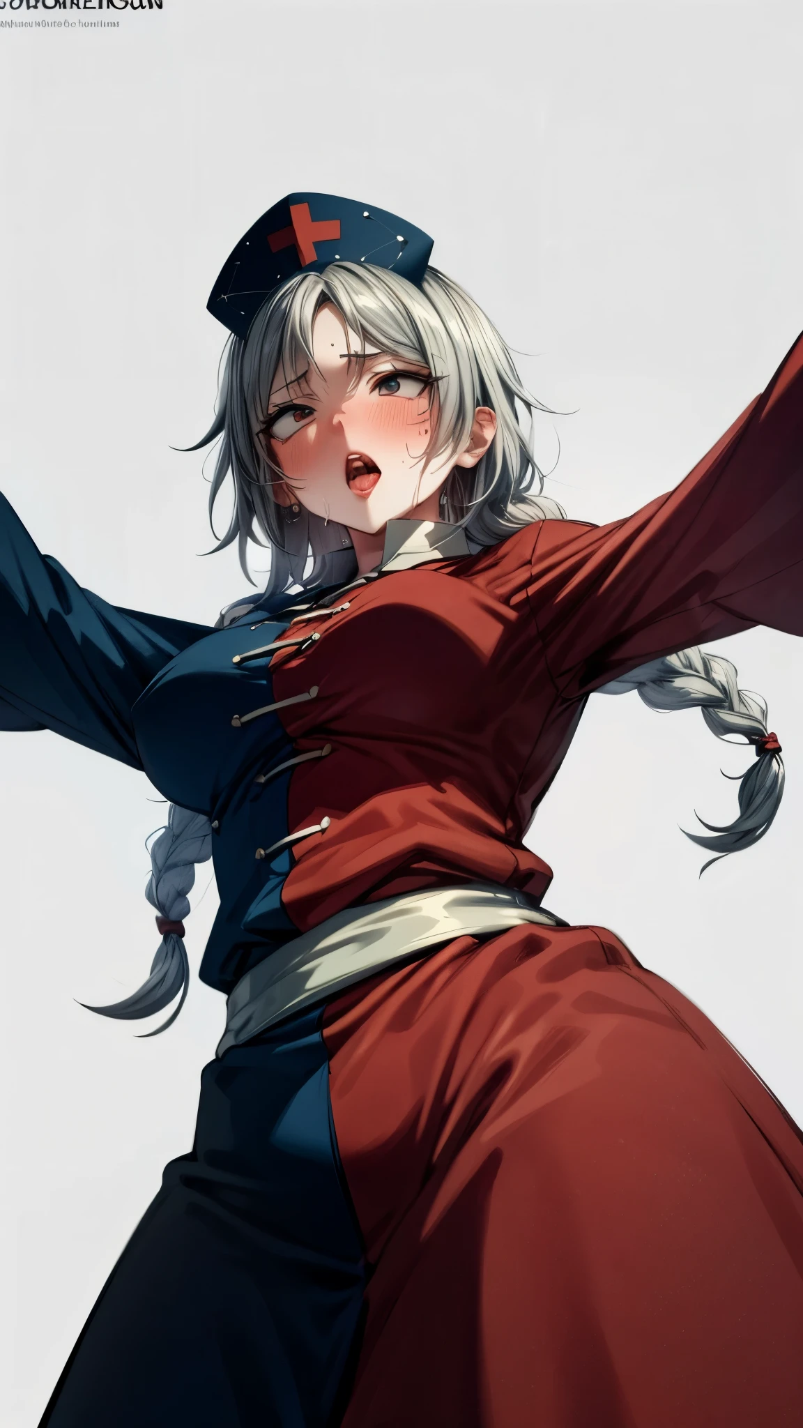 (Ultra High Quality,Ultra High Definition,16k,super masterpiece,Ultra HD , detailed shading and background,)taken from below,One woman is looking up,Long silver hair, braids, Chest Valley, nurse cap , sweaty,blush,Thick lips,Old medical room,Spread your arms,