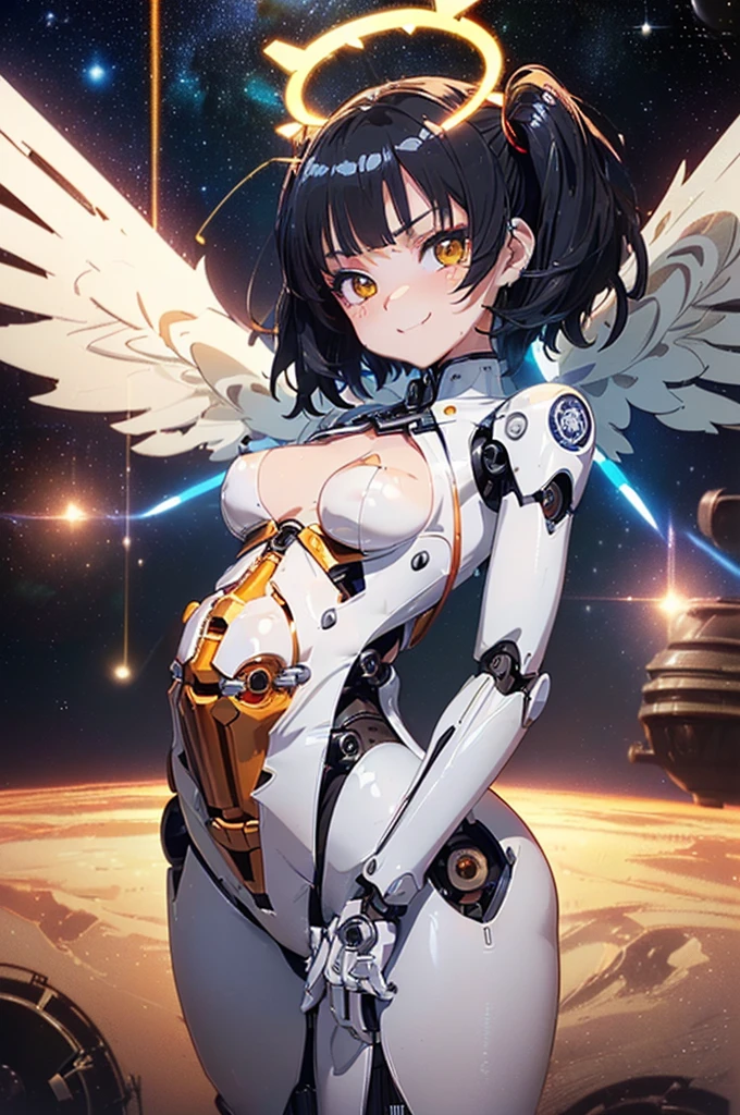 1girl、Black hair, red eyes,Leotards, earth, clear vinyl dresses, wariza、mechanical wings,android, joints, robot joints、deep faint light 、 detailed CG、high resolution