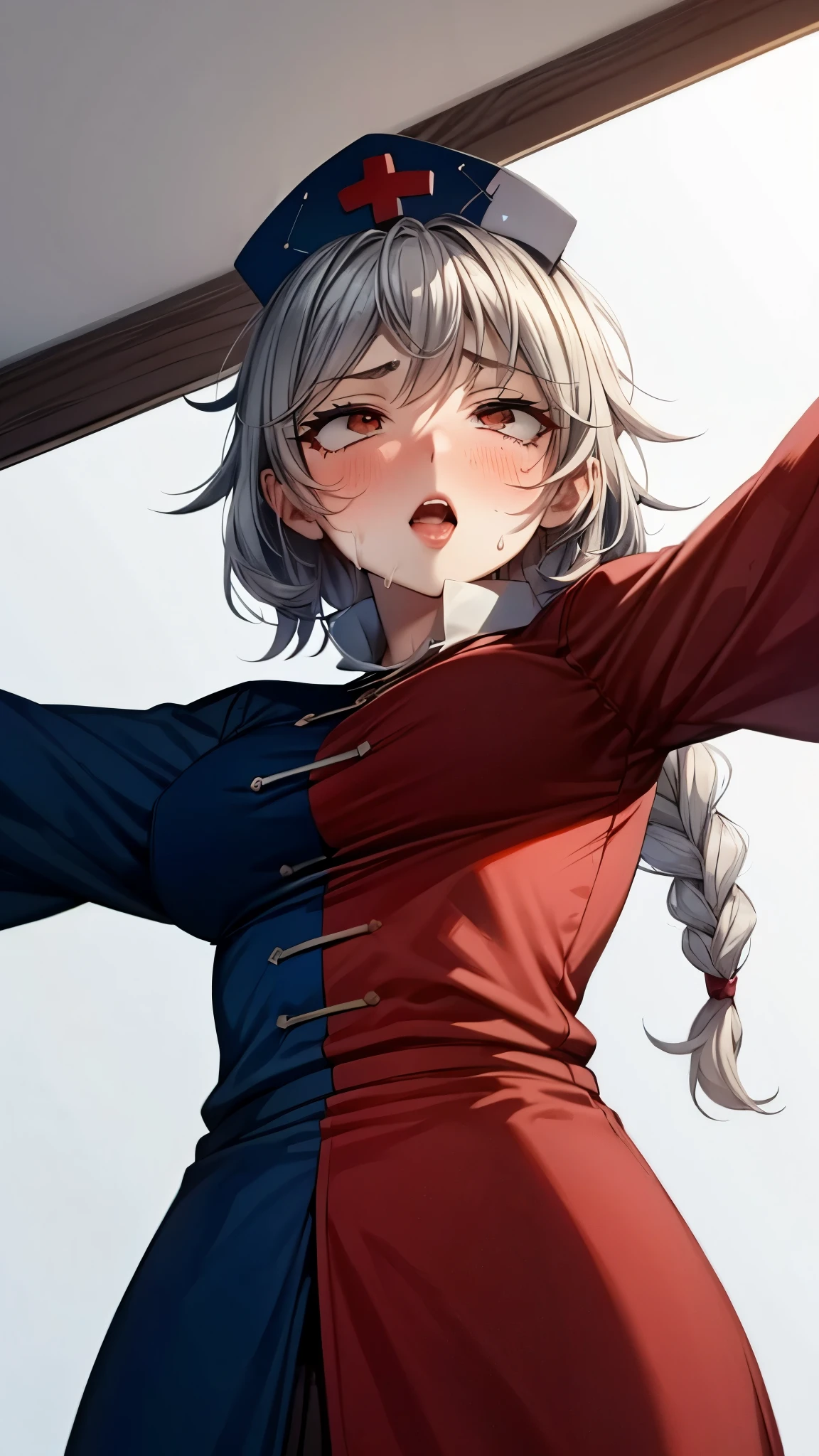 (Ultra High Quality,Ultra High Definition,16k,super masterpiece,Ultra HD , detailed shading and background,)taken from below,One woman is looking up,Long silver hair, braids, Chest Valley, nurse cap , sweaty,blush,Thick lips,Old medical room,Spread your arms,