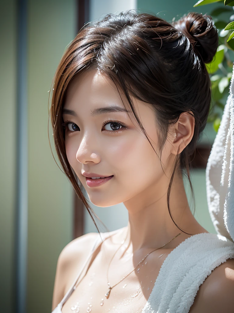 Japanese large open-air bath、((Outdoor))、at night、Beautiful night sky、Naked beauty、(Shoulder-deep in the bathtub、Only the face is visible)、20-year-old、university student、(((All hair tied back)))、Holding a kitten、Medium build、Small Bust、Small face、Wooden bathtub、, light brown hair, parted bangs, expressive hair, straight hair, shiny hair, wet hair, parted lips, seductive smile, Surrealism, Expressionism, cinematic lighting, reflection light, first-person view, pov, cowboy shot, f/1.2, Nikon, UHD, anatomically correct, textured skin, high details, high quality, award winning, best quality, highres, 8k