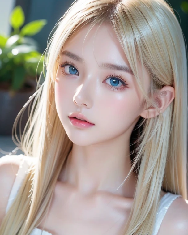 Super long, silky blonde hair、Very cute, beautiful and stunning girl、Bangs falling over the eyes、Hair on the face、Put one bang over your eye、Hair between the eyes、So perfect beautiful cute face、big, Her bright, light blue eyes are so beautiful and sparkling.、Very big eyes、White and lustrous skin、Small Face Beauty、Cheek gloss highlighter、Incredibly white, beautiful, bright and radiant skin、Round face