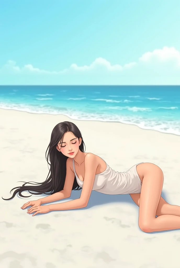 Mid body shot of a very very very sexy girl, brunette hair style, wearing a woollen beanie, opened chest, seductive clothing. , sitting on beach,open legs ,naked full body,