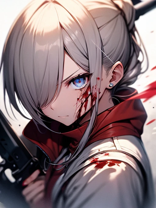 1girl, white short hair, red eyes, glaring at viewer, wearing tactical gear, urban ruins, absurdres, high res, ultrasharp, 8K, masterpiece, blood on face, grime on face, 5 fingers on each hand, blood on face, grime on face