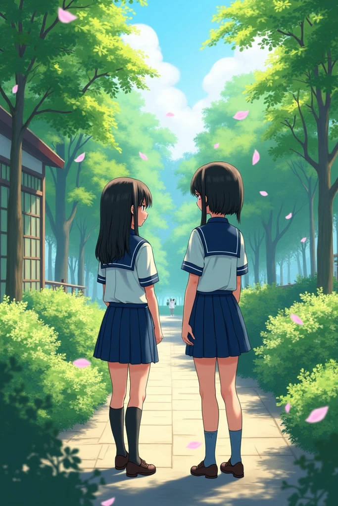 ((best quality)), ((masterpiece)), (detailed), A short Japanese junior high school girl's legs grow significantly longer over the course of six years, and she becomes a tall high school girl with a model body. two photo, before after cute girl, in the park, real, school uniform, mini skirt