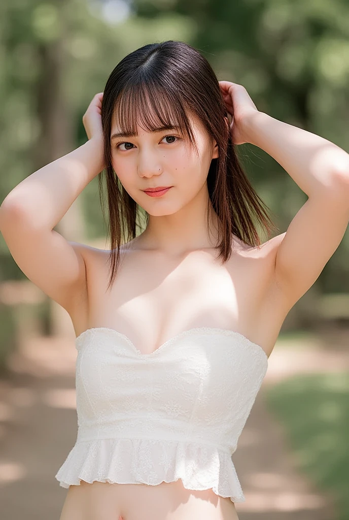 ((top-quality, masterpiece, hight resolution)), ((Realisticity)), One girl,28 years old, realistic skin textures,she wears a white off-the-shoulder shirt with white ruffles, white flower field, glowing skin, cleavage, medium size breast, ciinematic light、dark backgroundlue-gray tones、softlight、award winning photography,