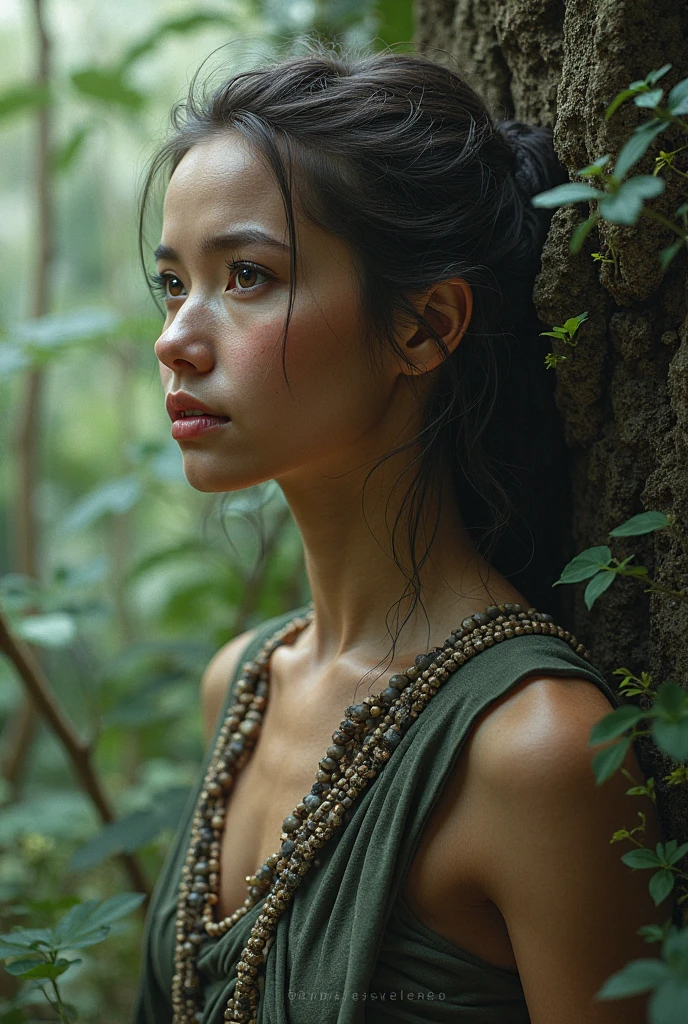 Potrat of Teresa Maguana, Philippines forest, people fighting a war in background, (best quality,4k,8k,highres,masterpiece:1.2),ultra-detailed,(realistic,photorealistic,photo-realistic:1.37),illustration,natural lighting,beautiful detailed eyes,beautiful detailed lips,extremely detailed face,long eyelashes,dense foliage,tall majestic trees,moss-covered rocks,misty atmosphere,dappled sunlight,warrior's pose,vibrant colors,wispy smoke,emotive expressions,muddy terrain,subtle shadows,dynamic composition