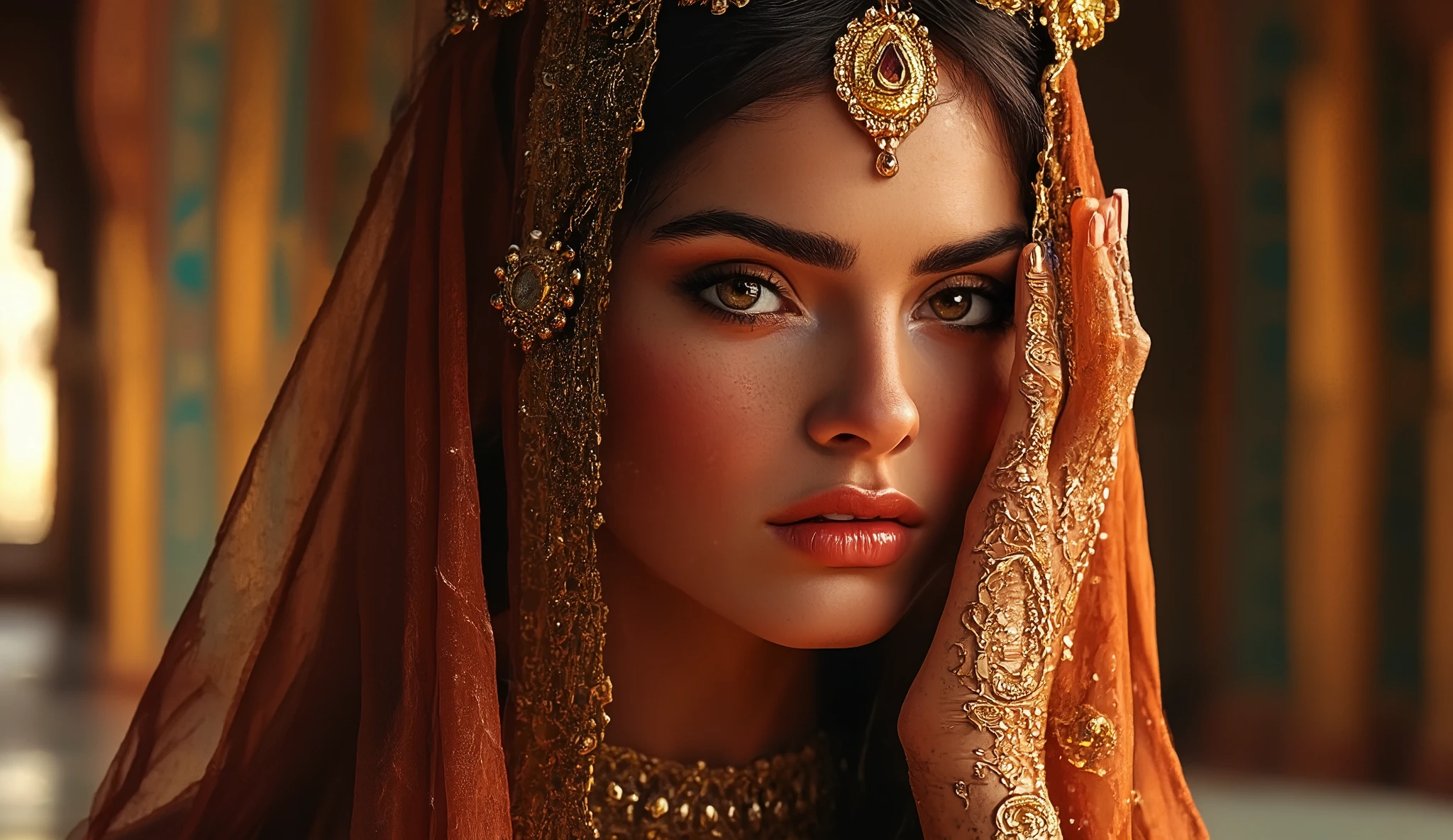 close-up of mysterious woman's face behind translucent silk veil, intricate henna patterns visible on her hands, jeweled headpiece glinting.
middle eastern fairytale, arabian architecture, ornate islamic patterns, golden accents, ethereal glow, mystical ambiance, jewel tones, dreamy atmosphere