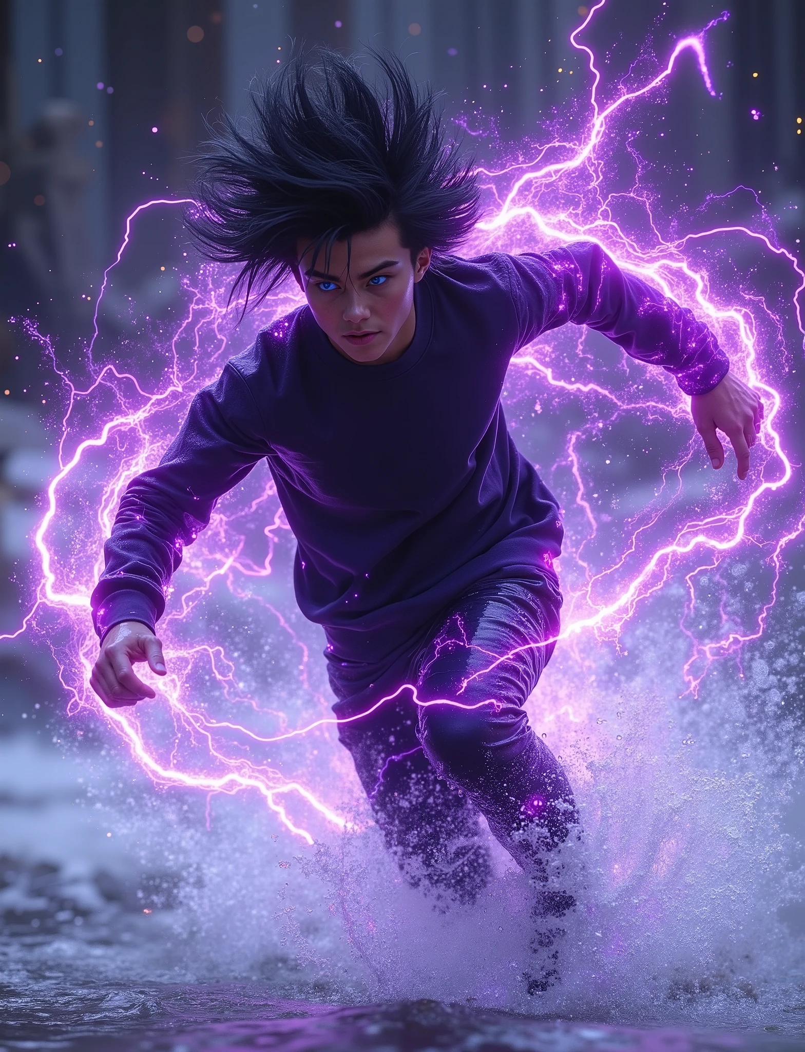 score_9, score_8_arriba, score_7_arriba, , score_chico running sobre el agua_skating on water, purple electricity , good heavens, WATER WAVES, running, in water, A boy_ young black-haired boy_ boy full of electric energy, running sobre el agua, In the background a storm , hello are made while I run_or skate.high resolution, masterpiece, anatomically correct, Precise, Detail, quality, good heavens por todos lados y en su cuerpo , wears a black sweatshirt, and a black pants , bright and electric golden eyes BLUE-EYED MAN WITH PURPLE-BLACK RAYS AROUND HIS BODY GESTURES long and standing hair, like Saiyan , PURPLE-ELECTRIFIED PURPLE SAIYAJIN