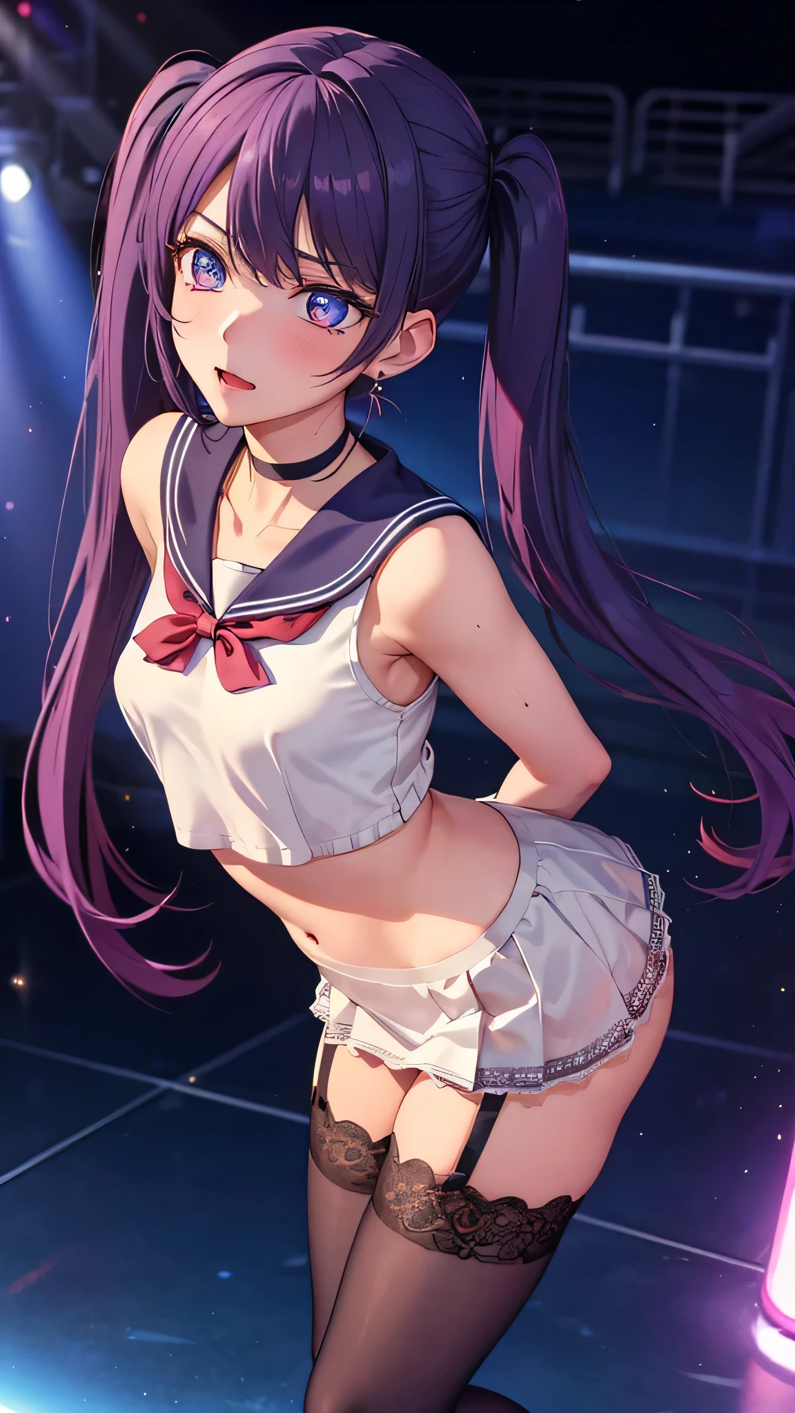 ((( idol))),((Strict look)),(( glittering stage)),((sailor suit)),((sexy lace panties )),(( school uniform)),((miniskirt)),((loafers)),((())),(()), ((())), ((())),Ultra High Definition , mature woman, mature woman, very well detailed, ((Very small breasts)), perfect hands, Fine fingers , beautiful details , ((long hair)),((twin tails)), black choker, earrings,(garter belt), (stockings),perfect eye, seductive eyes, ((())),(())