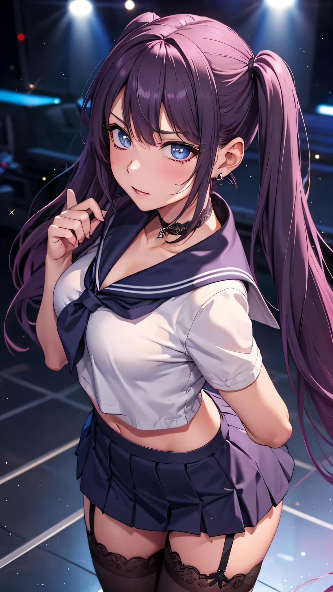 ((( idol))),((Strict look)),(( glittering stage)),((sailor suit)),((sexy lace panties )),(( school uniform)),((miniskirt)),((loafers)),((())),(()), ((())), ((())),Ultra High Definition , mature woman, mature woman, very well detailed, ((Very small breasts)), perfect hands, Fine fingers , beautiful details , ((long hair)),((twin tails)), black choker, earrings,(garter belt), (stockings),perfect eye, seductive eyes, ((())),(())