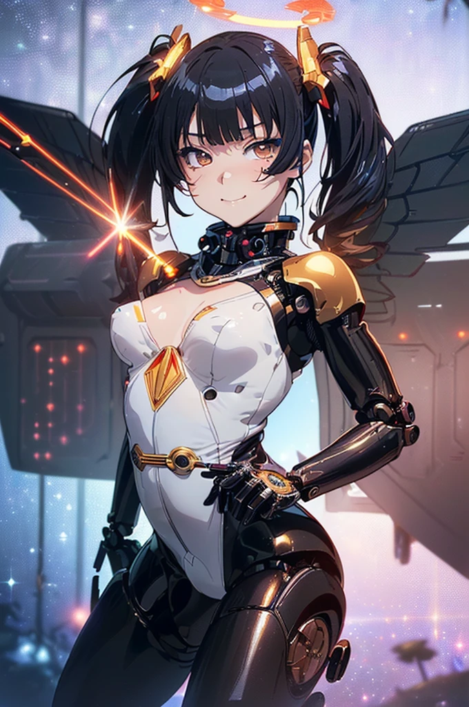 an anime girl, masterpiece, 4K,detailed, best quality, no bad anatomy and fingers, dynamic pose, Action Painting, a beautiful young cyborg girl, smile, taking off into the sky, blunt bangs, flipped medium hair, super detailed skin, FINAL FANTASY 12, make-up, cool mechanical wings, the city of Monaco, Ryu Fujisaki, Hayao Miyazaki,