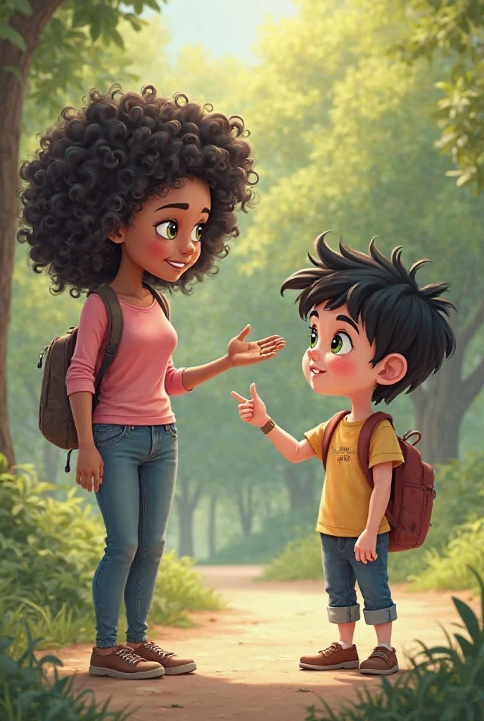 a boy his height is 6 feet 2 inch. a girl her height is 5 feet. the girl has very curly hair. the boy is wearing olive polo t-shirt. girl is wearing yellow dress. she is trying to touch his head but couldn’t because she is too short. he is smiling and she is irritated 