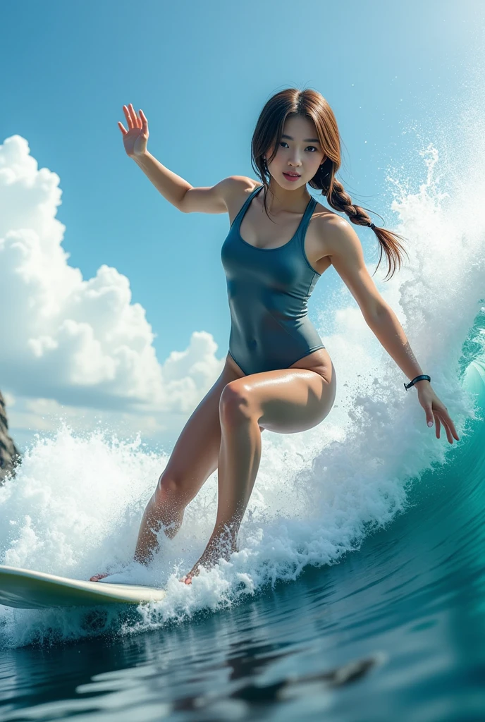 (((NSFW STILL SHOW, Acutance))), (a tiny Surfer girl in white swimsuits), (((engaged in the act of surfing))), glistening tanline, under the mesmerizing back lighting. They gracefully ride the powerful waves, showcasing their Beautiful body and acrobatic skills. creating a breathtaking and ethereal atmosphere. Whole Body proportions and all limbs are anatomically accurate . ((no extra arm))