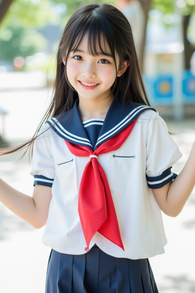 (masterpiece, highest quality:1.2), 8k, official art, RAW photo, incredibly absurd, ( sailor suit, serafuku:1.4), amazing beautiful girl, amazingly cute face, (navy pleated skirt:1.1), close, school uniform, short sleeve, gardenia, violaces, teen, street, looking at the viewer with a smile, no makeup, film grain, chromatic aberration, sharp focus, face light, dynamic lighting, cinematic lighting, detailed eyes and face,short hair、(((white skin without moles)))、 background bokeh、super slim thighs、((Erotic Panties are showing through、beautiful pussy line:1.1))、(High twin tails with ribbons:1.4),,(((A child with an extremely cute young face:1.35))), 、(very young  with big breasts:1.2)