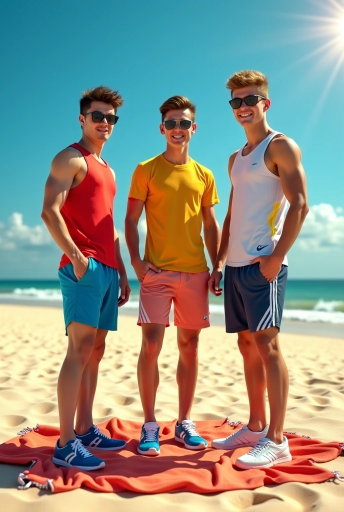3 boys 24 years in wide long shorts black shorts adidas shorts oversize shorts casual clothes no t-shirt bare torsos naked torsos blue nike shorts 3d picture ultra realistic beach full body standing in the water smiling