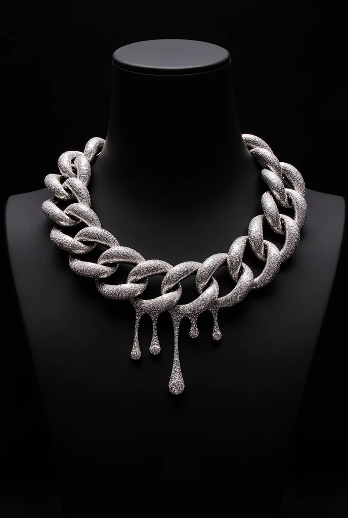 A bright fabric in soft purple, black and white with a necklace of small pearls and chains on top of 3d smaller pearls and more chain Less chain LESS chains more pearls