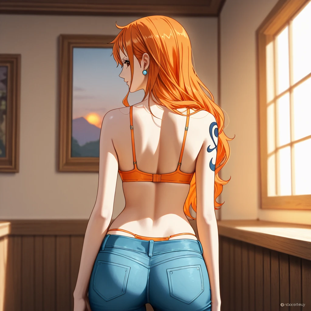 masterpiece, ((ultra detailed background, delicate pattern, intricate detail)), (highly detailed, fine details), best quality, ((medium breasts, slim girl)), NamiChan, 1girl, orange hair, solo, long hair, jewelry, ((bikini top only, jeans, left shoulder tattoo)), brown eyes, smile, earrings, cleavage, bracelet, collarbone, navel, (complex detailed background, outside, beach environment, sunny, nature, sunbed, cowboy shot, from behind, showing ass),
<lora:BeautifulDetailedEyes:0.4>, <lora:DetailTweaker:0.5>, <lora:NamiChan9:0.85>