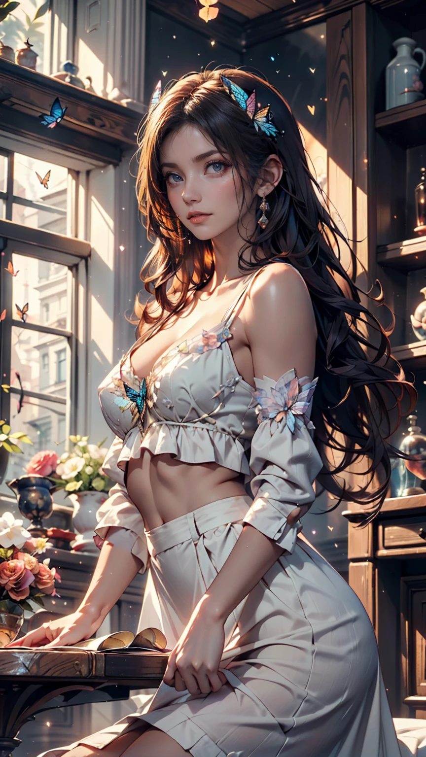 Best quality, masterpiece, ultra high res, (photorealistic:1.4), raw photo, 1girl, white dress, off shoulder, blossom flower field, glowing skin, light smile