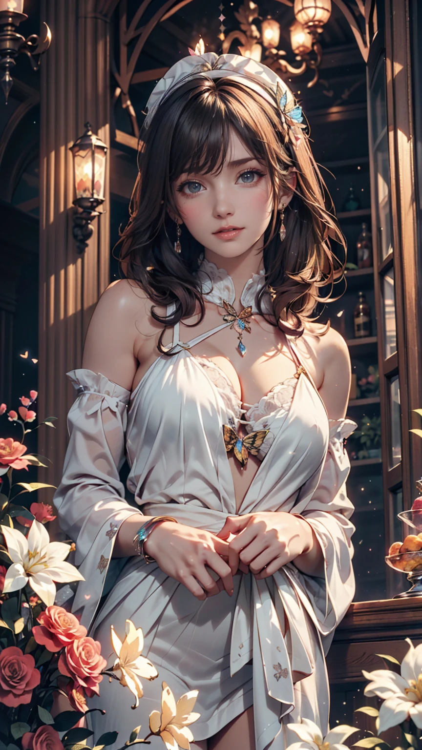 Dramatic composition, Court-style dress, Royal, nice, カスケードFrills, Frills, bow, Crystal Chandelier, Roman Curly Hairstyles, to place, Drill-like double ponytail, Looking at the camera, bangs, Maximalism, Palace-like background, Delicate depiction of hair and eyes, Princess Dress, nice skirts, Flowers in hands, smile, Starry Eyes, Cinematic Light, Attention to detail, High resolution, Happy girl, Very long hair, diamond, broken diamond, Crystal Fragment, Particles of light、Sexy proportions、Sexy、Narrow waist