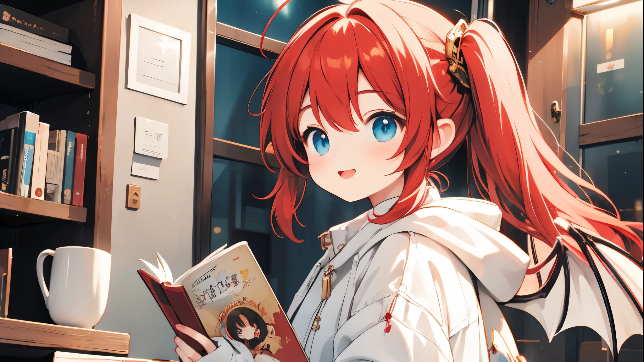 red dragon girl， double ponytail，white lightweight jacket，Magnificent Jiyaki ，Holding a book in his hand，Dragon Horn，Dragon Wings，Dragon girl with dragon characteristics