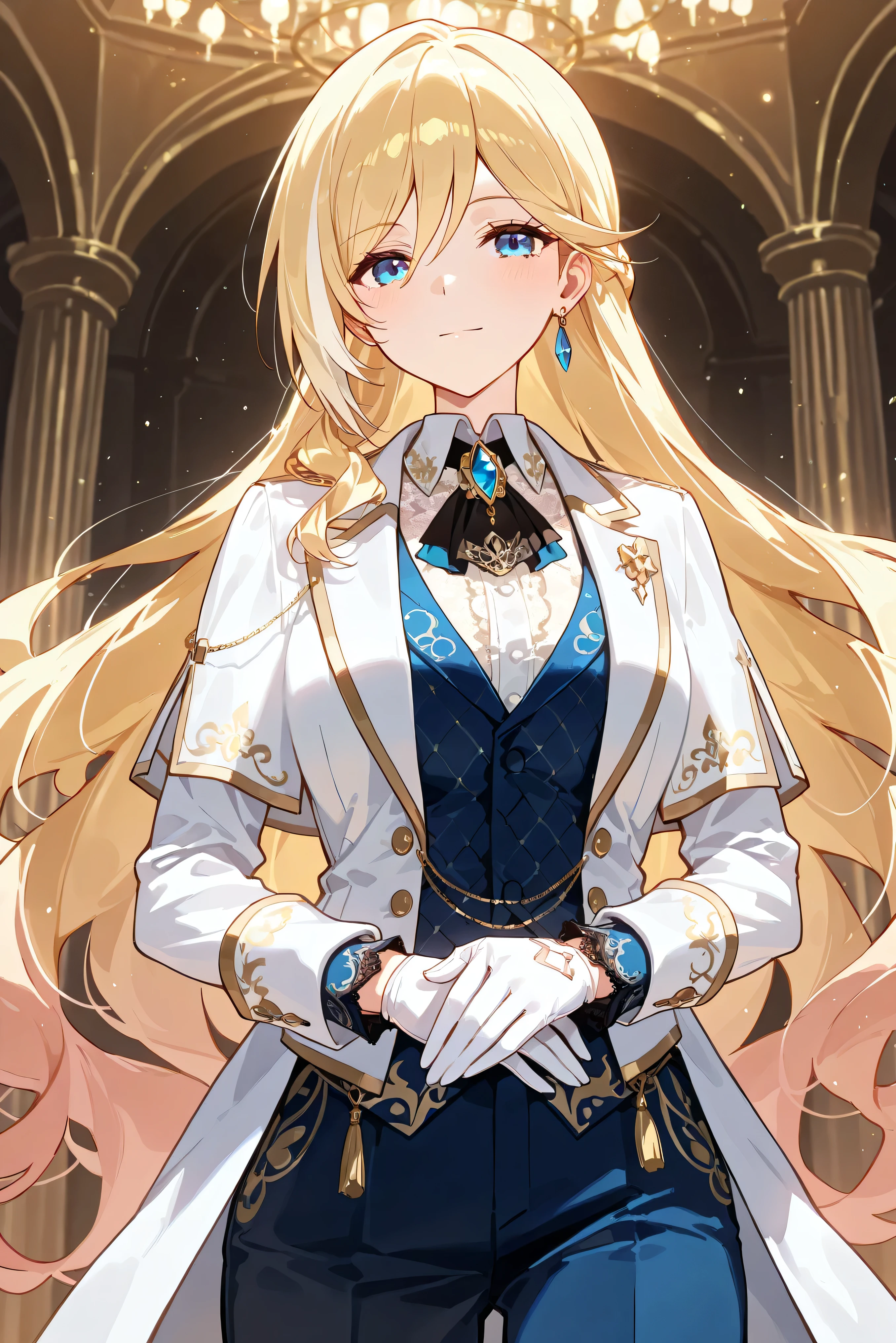 score_9, score_8_up, score_7_up, masterpiece, best quality, very aesthetic, absurdres, tunning image, light particles, attractive image, 1girl, adult grown woman, solo, Durandal, long hair, blonde hair, white hair, blue eyes, streaked hair, single earring, masterpiece,best quality,amazing quality, 5 fingers, alternate costume, An anime character in a Noble Aristocrat outfit, dressed in a long, finely embroidered coat with intricate golden patterns along the edges and shoulders. Beneath, a silk shirt with delicate lace trimmings at the collar and cuffs pairs elegantly with a contrasting waistcoat. Well-tailored trousers complete the look. A pair of thin gloves add refinement, while a luxurious brooch or pendant symbolizes their noble heritage. Their hair is neatly styled or slightly tousled, exuding an air of mysterious sophistication.
