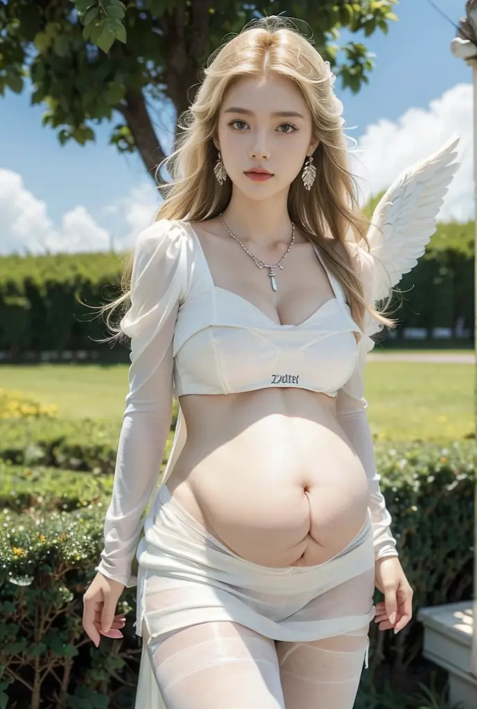 (((best quality))), (((ultra detailed))), (((masterpiece))), illustration,((1 beautiful ,solo,angel)),((fair skin,shoulder length straight blonde hair,blue eyes)),(earrings,crystal necklace),((plump)),(((gigantic breasts,towering chest,cleavage,underboob,pregnant))),joyful expression,(white wings:1.3),(flowing short-sleeved white sheer dress:1.3),((In heaven, garden setting)), vibrant flowers,(colorful flowers:1.3),lush grass, gentle breeze, (clear sky, fluffy clouds, shining sun),((navel)),((from front,standing,upper body,arms behind back)),((pantyhose))