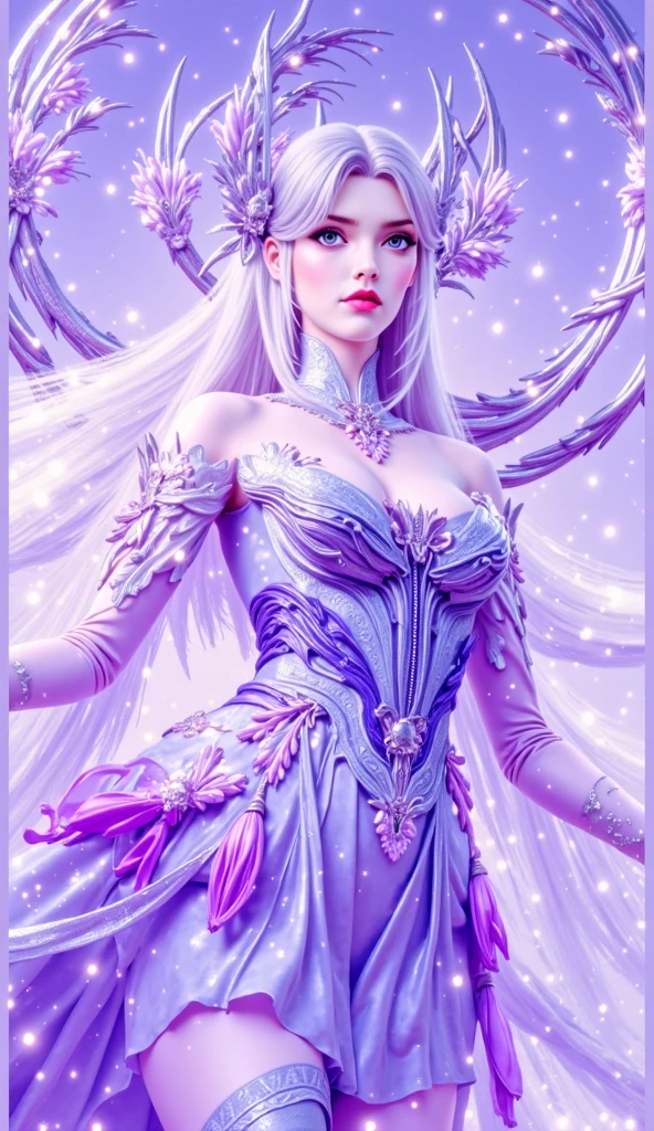 winx club cartoon,women,White skin, long platinum curly hair, purple dress combine surrounding amethyst,amethyst choker necklace mesh lace,Amethyst lace mesh gloves,crown,Quartz spider hairpin combine feathers like spider legs,bold makeup,beautiful face,smirking,angry eyebrows,cruel,wings like sharp thorns amethyst,shadow,villain, enchanti, enchantix