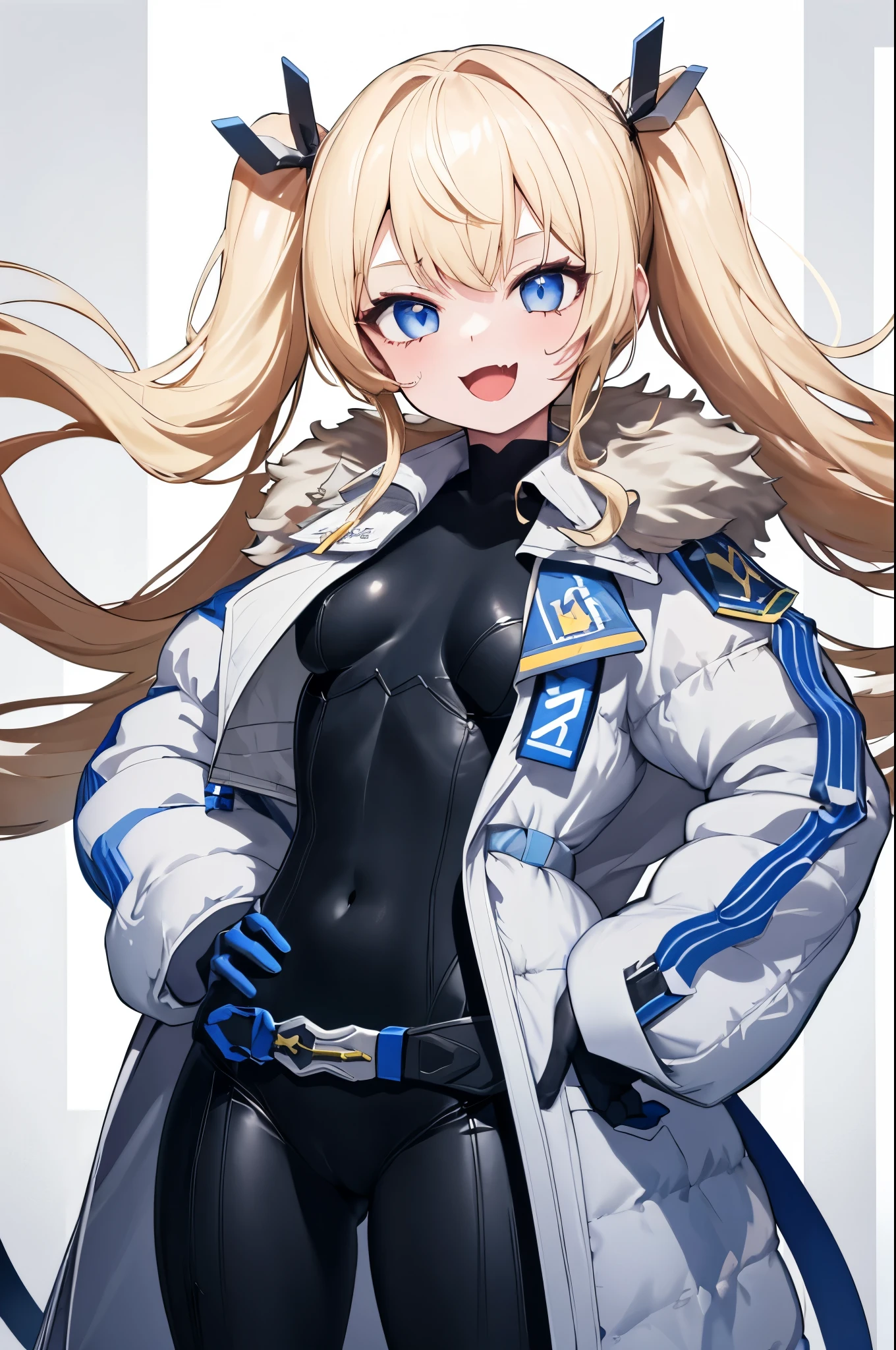 1petite_young_girl,masterpiece, highest quality,laplace,hair ornament, belt,white_front_open_coat_on_black_bodysuit,latex_bodysuit,fur trim, gloves, blue boots,(upper body),open mouth,(put hands_on_hips),(Standing_in_honor),big_Smile, laugh,large_open_mouth,fang, bandage_on_cheek,:3 ,navel,groin,happy, full_of_beans,crotch, (bandage_on_cheek:1.3),large_eyes