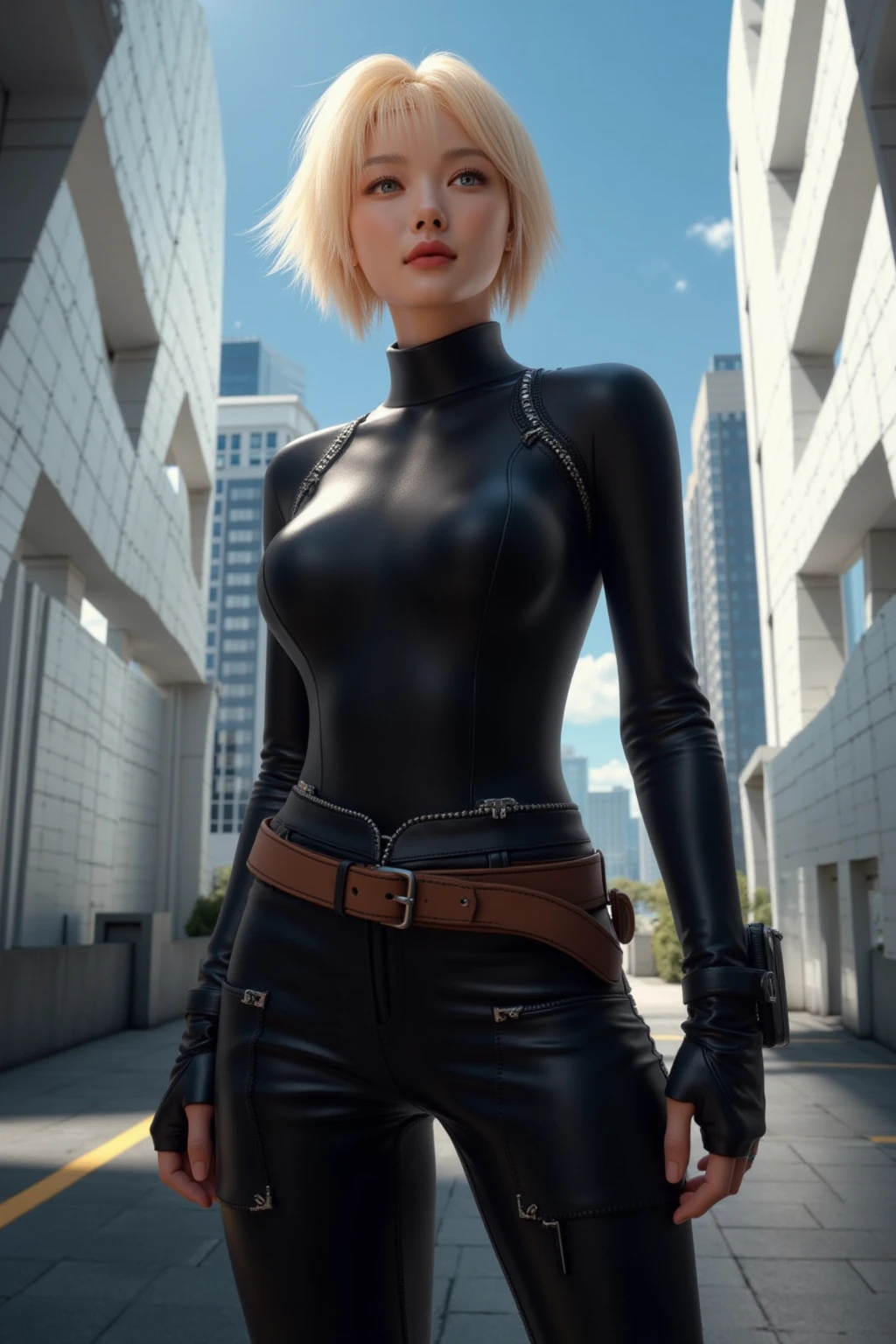 Very short hair, (masterpiece、Highest quality、Official Art), View from the front, Looking at the audience:1.5, small top, White jacket:1.2, Black long boots, Black shorts, (Black bondage suit:1.2), Black collar, Black choker, Glowing Skin, Realistic:1.9, Very detailed, Full Body Shot:1.2, Cleave, Belly button pussy, Expose the center of the body, High-resolution RAW color photos, High detail, Extremely realistic detail, Ultimate realistic texture, Ultimate in exquisite detail, Professional photos, Sexy portrait of a girl, Voluptuous bust, Tight waist, Cleavage, Trained abdominal muscles, Big Ass,Complete the whole body, Full body image, No underwear, Highest quality, ((background:city:1.4)), Suzune, Suzune's clothes