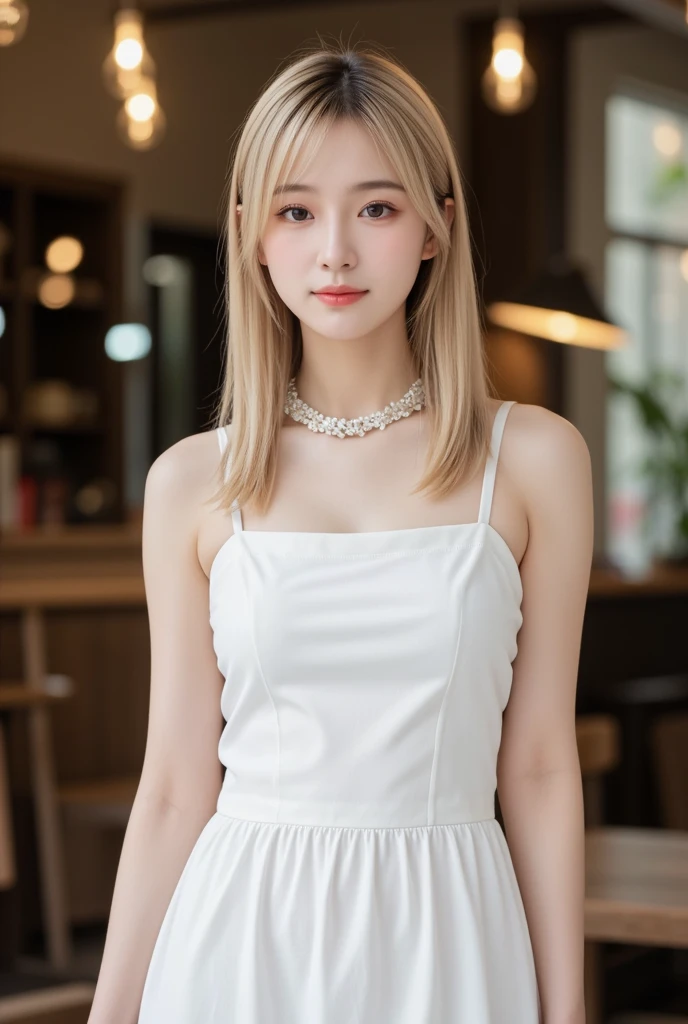 super high quality, Slenderのネックレス, Slender, Gravure photoshoot, The staff is working at the counter in the back., (8k、RAW Photos、Highest quality、masterpiece:1.2), Stylish café, (Realistic、Photorealistic:1.37), Beautiful Face , Urban Cafe, Golden Ratio, Raw photo, Small breasts, Bright cafe interior, Blurred Background, Famous actress, Blonde hair, Summer clothes, Photographed inside the cafe, Neat clothes, ponytail, Very Short Hair, Cool older sister, Stylish clothes,