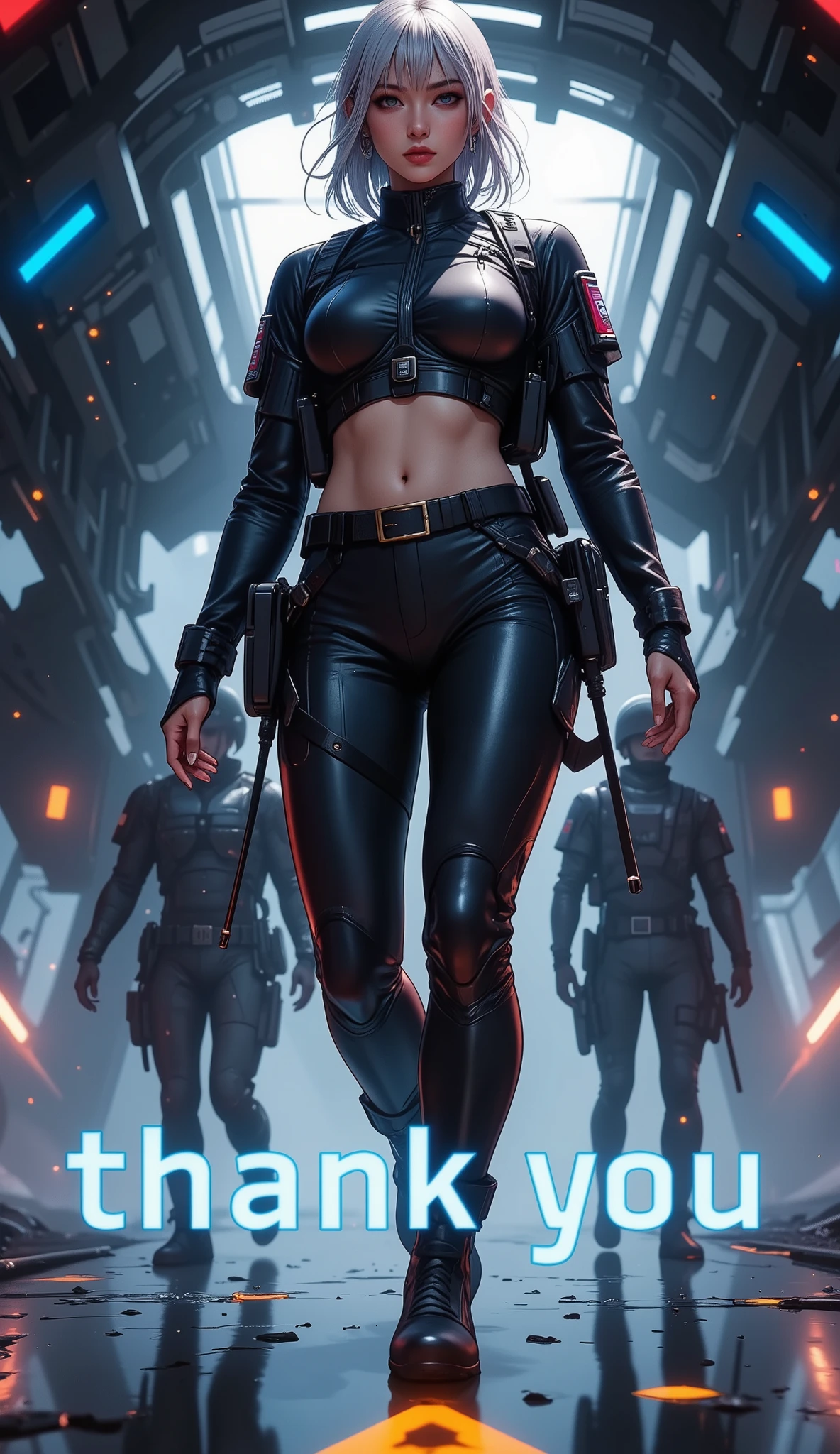 hard landing scene, a hero landing point of the (article, "followers 5K thank you", Add text"Thank you 5K", holographic font) {x}, \Character "Atlas"\, Alone, she hard landing from the air, from the cargo aircraft, she is beautiful military officer, wearing combat suit, with heavy equipment stowed, with parachute, and staring at you, with love, thanks for as always all support,