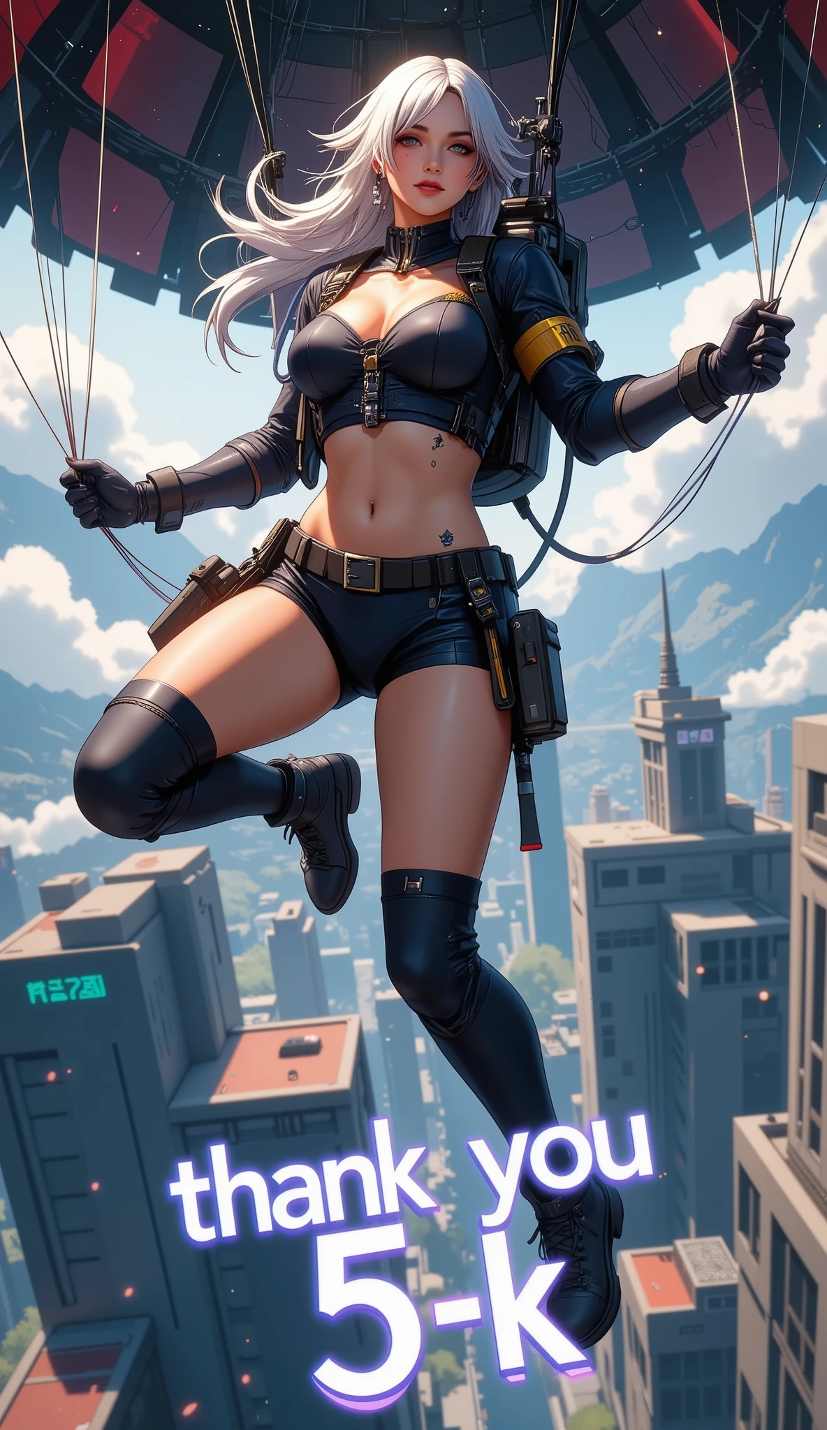 hard landing scene, a hero landing point of the (article, "Thank you for 5K followers", Add text"Thank you 5K", holographic font) {x}, \Character "Atlas"\, Alone, she hard landing from the air, from the cargo aircraft, she is beautiful military officer, wearing combat suit, with heavy equipment stowed, with parachute, and staring at you, with love, thanks for as always all support, fall to the dimension city, Theme: A Hero Landing,