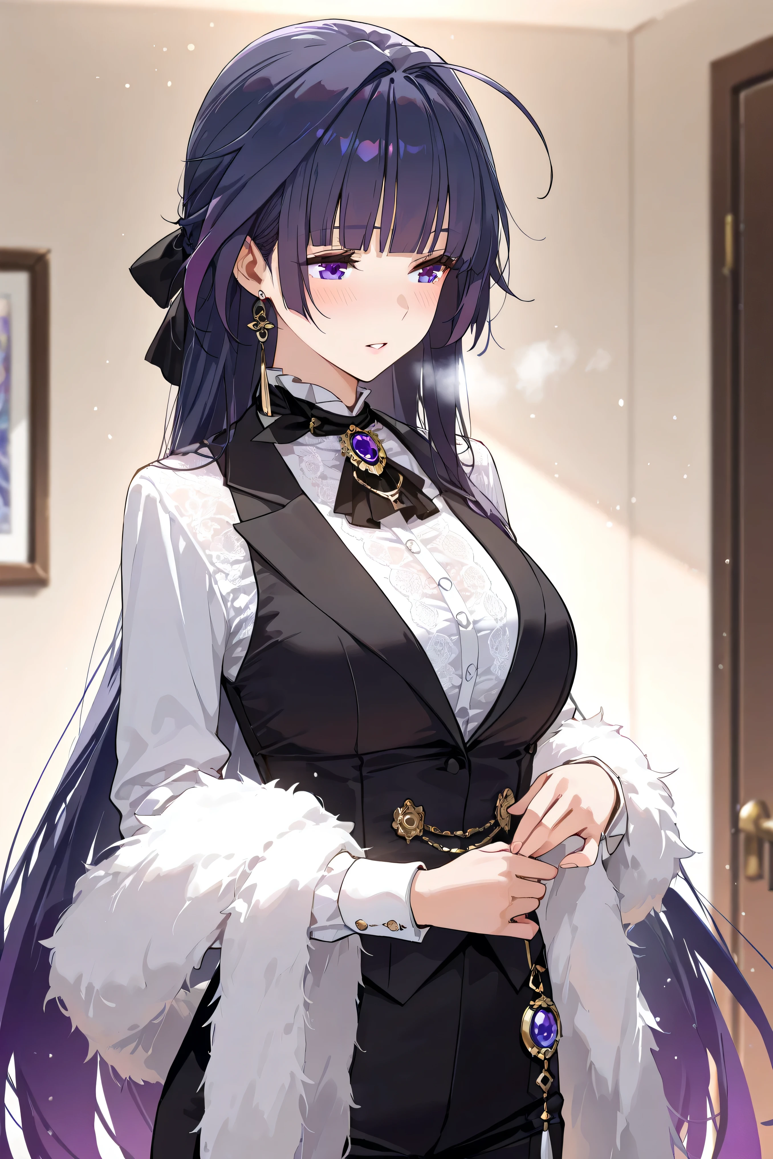 score_9, score_8_up, score_7_up, masterpiece, best quality, very aesthetic, absurdres, tunning image, light particles, attractive image, solo, 1girl, adult grown woman, raiden mei, long hair, purple hair, bangs, purple eyes, blunt bangs, bangs, gradient hair, hair ribbon, blush, heavy breathing, masterpiece,best quality,amazing quality, 5 fingers, alternate costume, An anime character in a Noble Aristocrat outfit, dressed in a long, finely embroidered coat with intricate golden patterns along the edges and shoulders. Beneath, a silk shirt with delicate lace trimmings at the collar and cuffs pairs elegantly with a contrasting waistcoat. Well-tailored trousers complete the look. A pair of thin gloves add refinement, while a luxurious brooch or pendant symbolizes their noble heritage. Their hair is neatly styled or slightly tousled, exuding an air of mysterious sophistication.