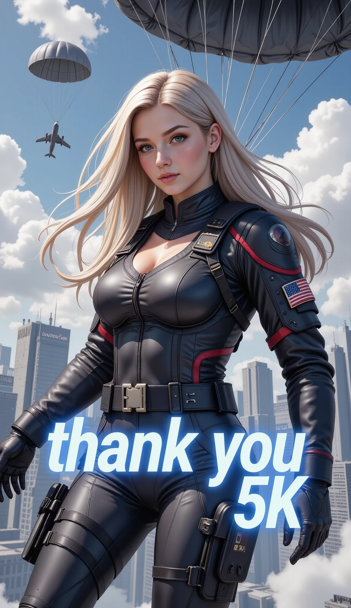 hard landing scene, a hero landing point of the (article, "Thank you for 5K followers", Add text"Thank you 5K", holographic font) {x}, \Character "Atlas"\, Alone, she hard landing from the air, from the cargo aircraft, she is beautiful army officer, wearing combat suit, with heavy equipment stowed, with parachute, and staring at you, with love, thanks for as always all support, fall to the dimension city, Theme: A Hero Landing,