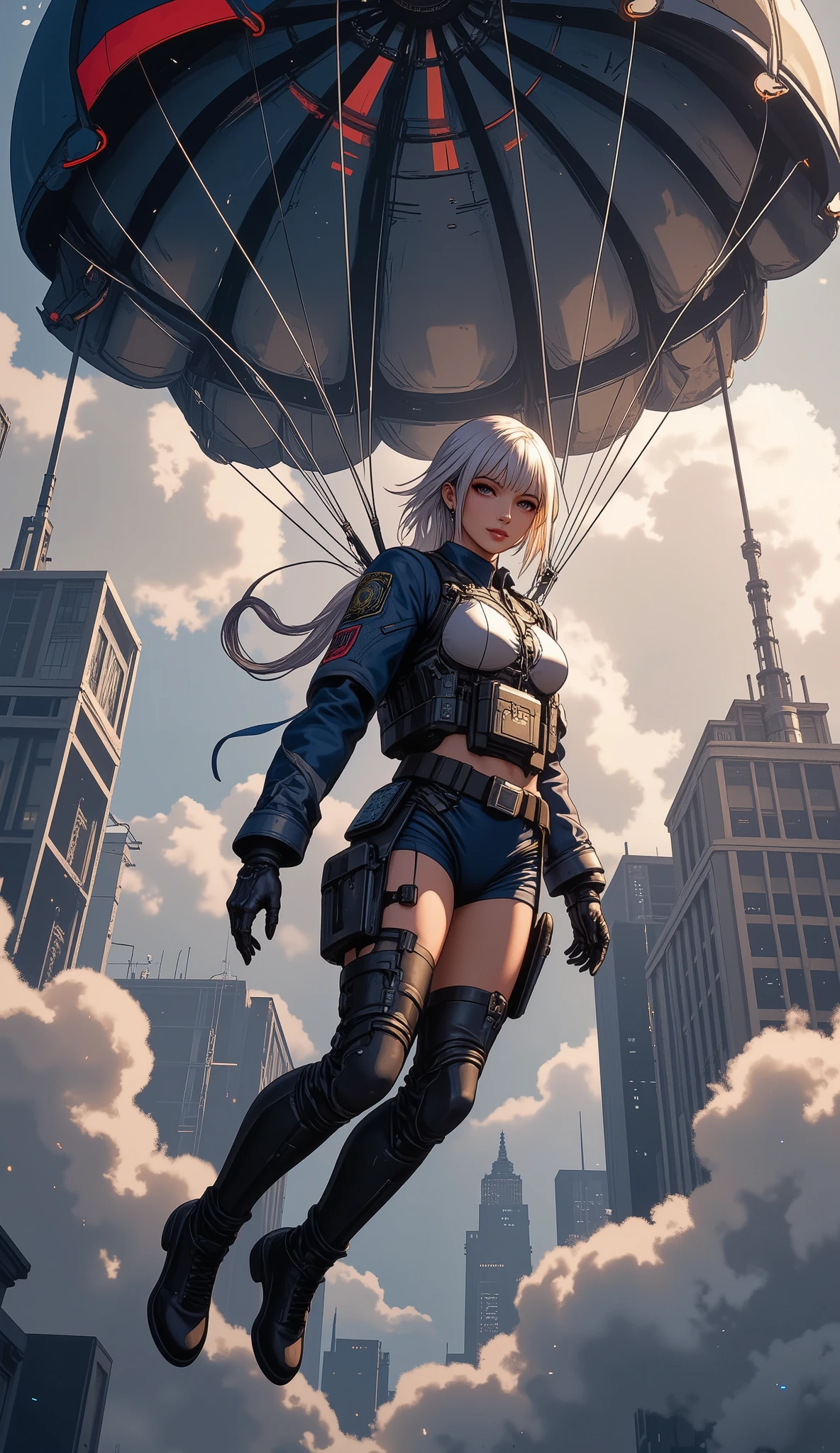 hard landing scene, a hero landing point of the (article, "Thank you for 5K followers", Add text"Thank you 5K", holographic font) {x}, \Character "Atlas"\, Alone, she hard landing from the air, from the cargo aircraft, she is beautiful military officer, wearing combat suit, with heavy equipment stowed, with parachute, and staring at you, with love, thanks for as always all support, fall to the dimension city, Theme: A Hero Landing,