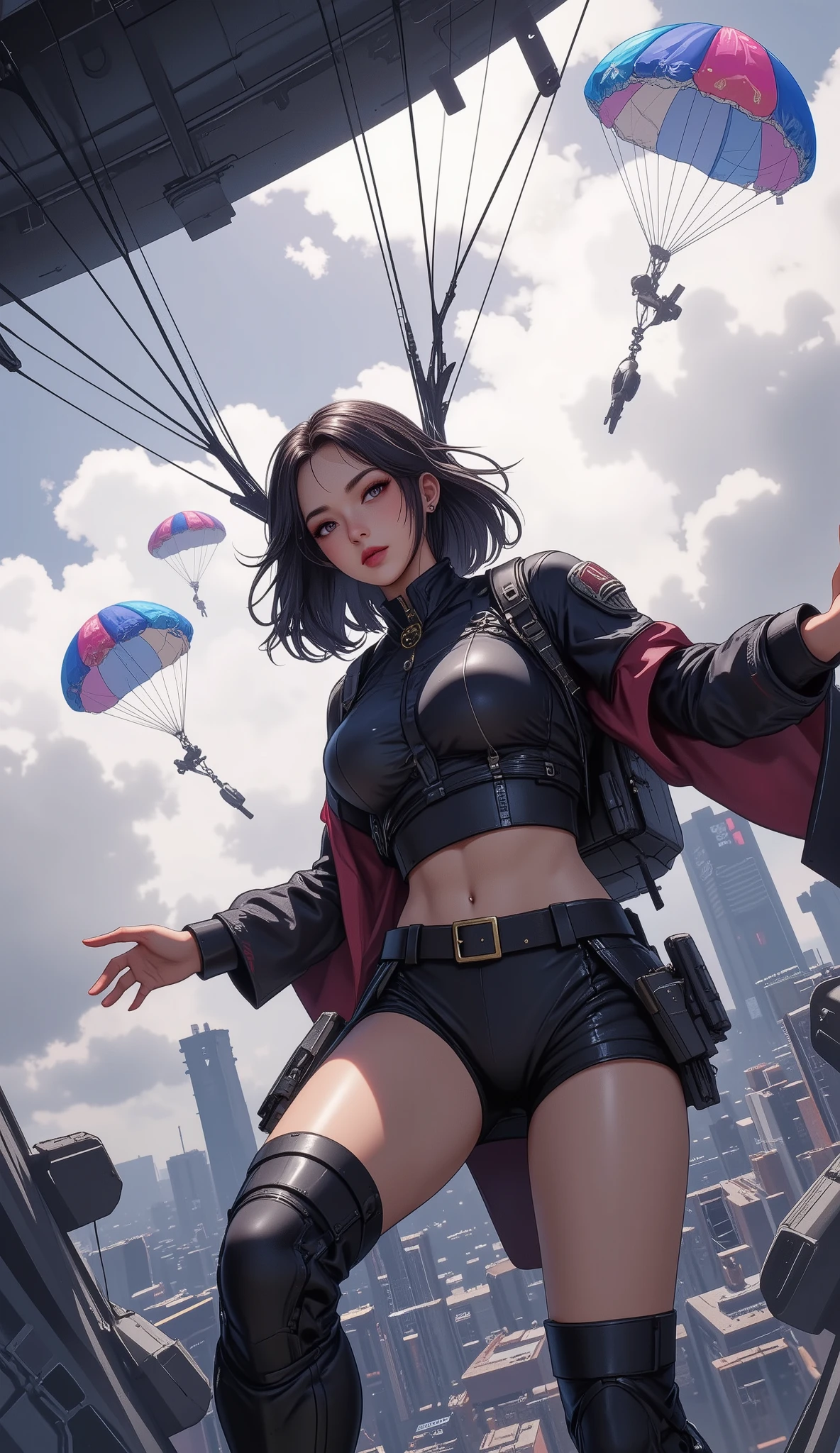 hard landing scene, a hero landing point of the (article, "Thank you for 5K followers", Add text"Thank you 5K", holographic font) {x}, \Character "Atlas"\, Alone, she hard landing from the air, from the cargo aircraft, she is beautiful military officer, wearing combat suit, with heavy equipment stowed, with parachute, and staring at you, with love, thanks for as always all support, fall to the dimension city, Theme: A Hero Landing,