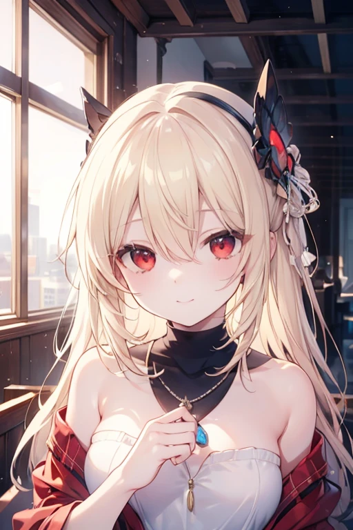 [Dress-up doll series - Yoru-san Cos Marin-chan２] (masterpiece, best quality), (absurdres absolutely resolution), (8k), (detailed beautiful face), (detailed illustration), (super fine illustration), (vibrant color), (professional lighting), BREAK 

close-up, (sitting, crossed legs:1.3), BREAK 

(in My Dress-Up Darling style), (kitagawa marin), 1girl, solo, long blonde hair, multicolored hair, shiny hair, straight hair, swept bangs, (big red eyes:1.2), long eyelashes, cherry-pink lips, long cherry-pink fingernails, (shiny skin, skinny, slender body:1.3), (large breasts), cleavage, BREAK 

(happy smug:1.3), (wide eyes:1.3), silver earrings, piercing, (gold hairband, black dress, black thighhighs, fingerless gloves, black gloves, hair ornament, hair flower), rose, BREAK 

(indoors:1.3), (Japanese small apartment, anime posters all over the walls, kawaii anime dolls, hot-pink sofa, cushions:1.3), (magnificent view), (cinematic lighting), (bokeh)